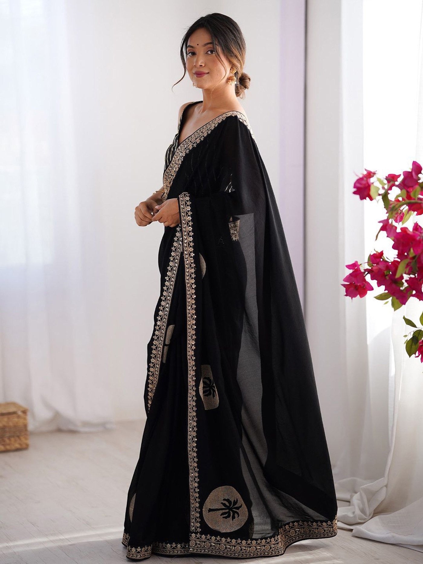 Black Rangoli Border Lace Embroidered Party Wear Saree 