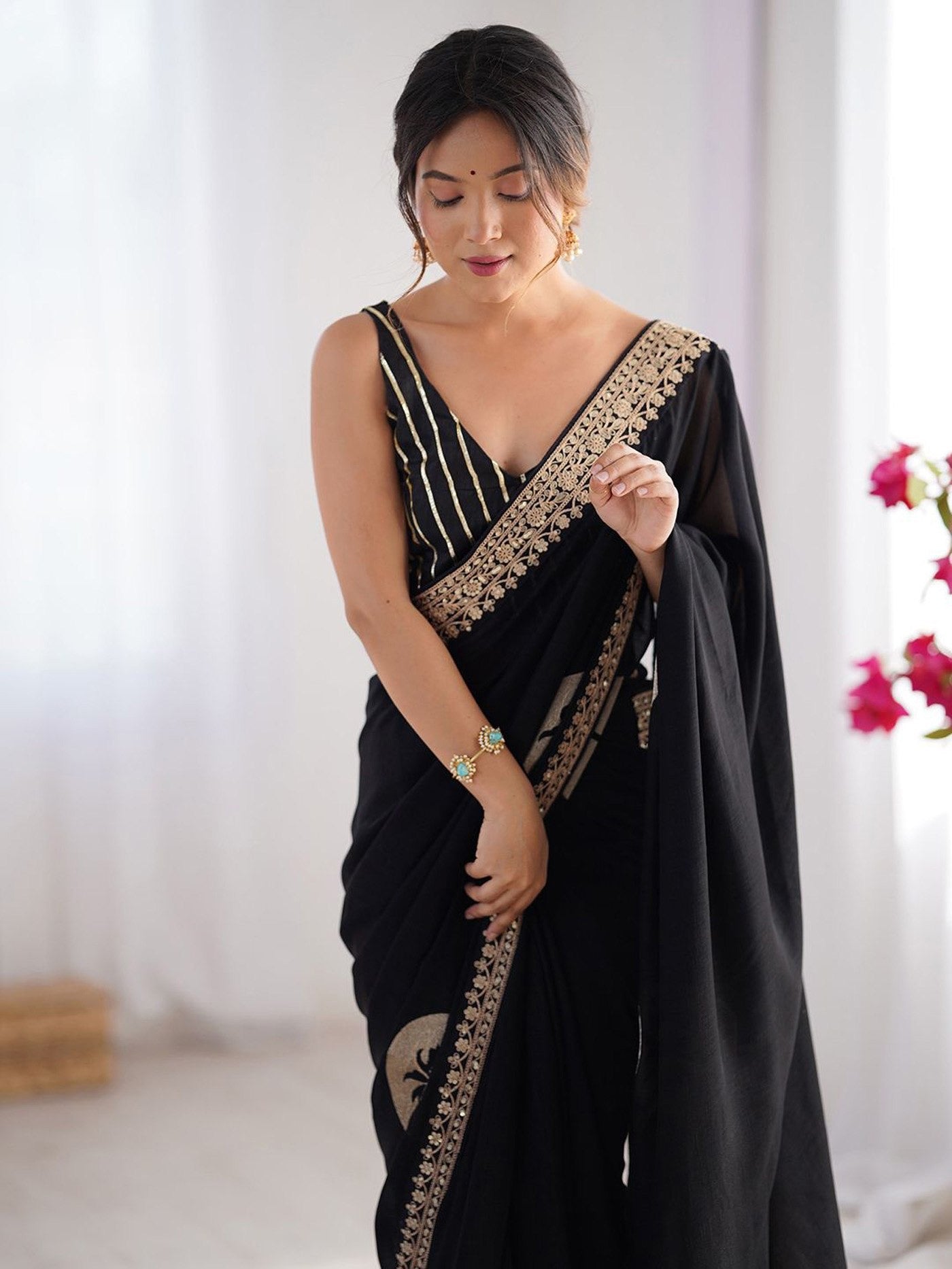 Black Rangoli Border Lace Embroidered Party Wear Saree 