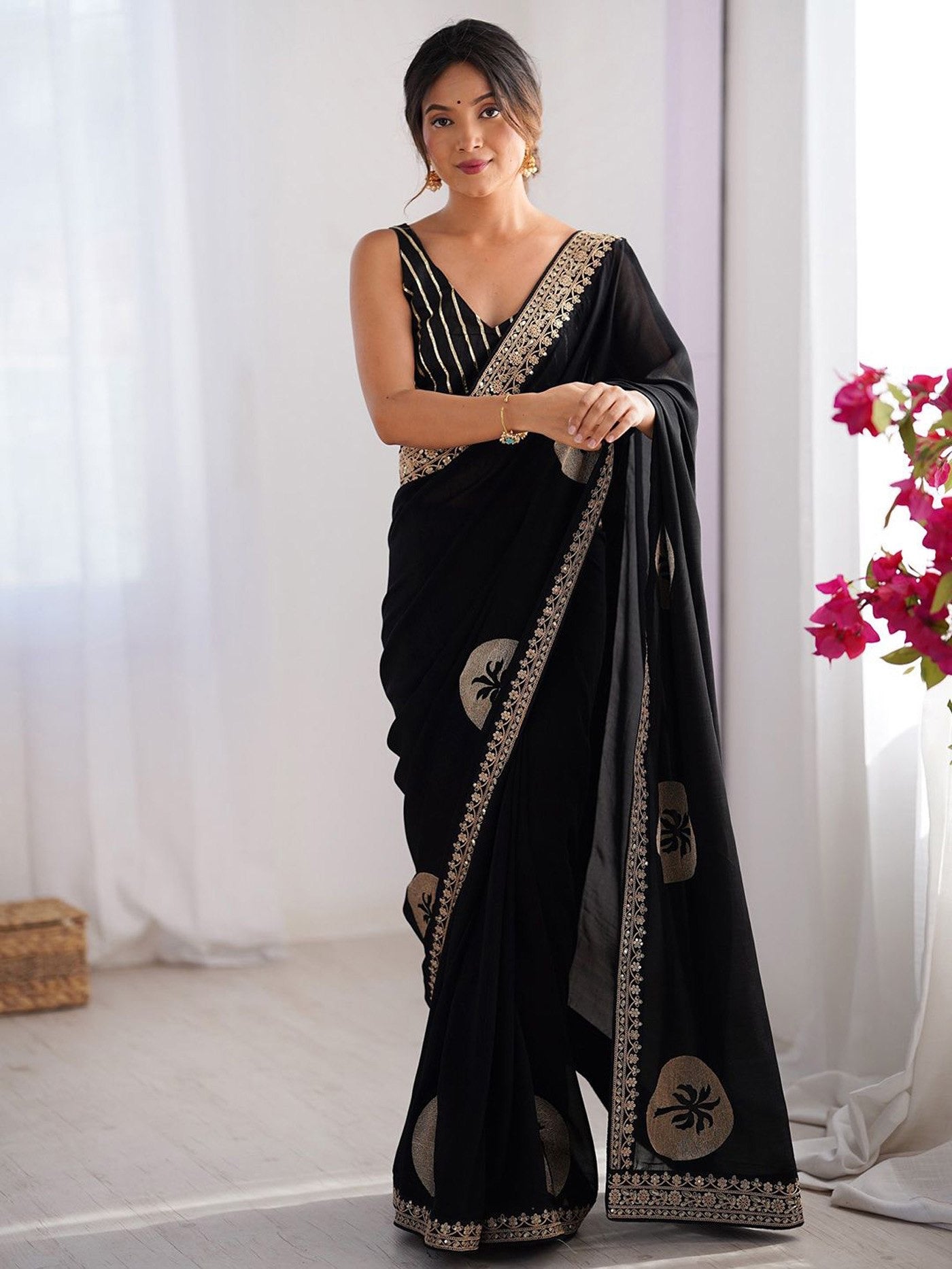 Black Rangoli Border Lace Embroidered Party Wear Saree 