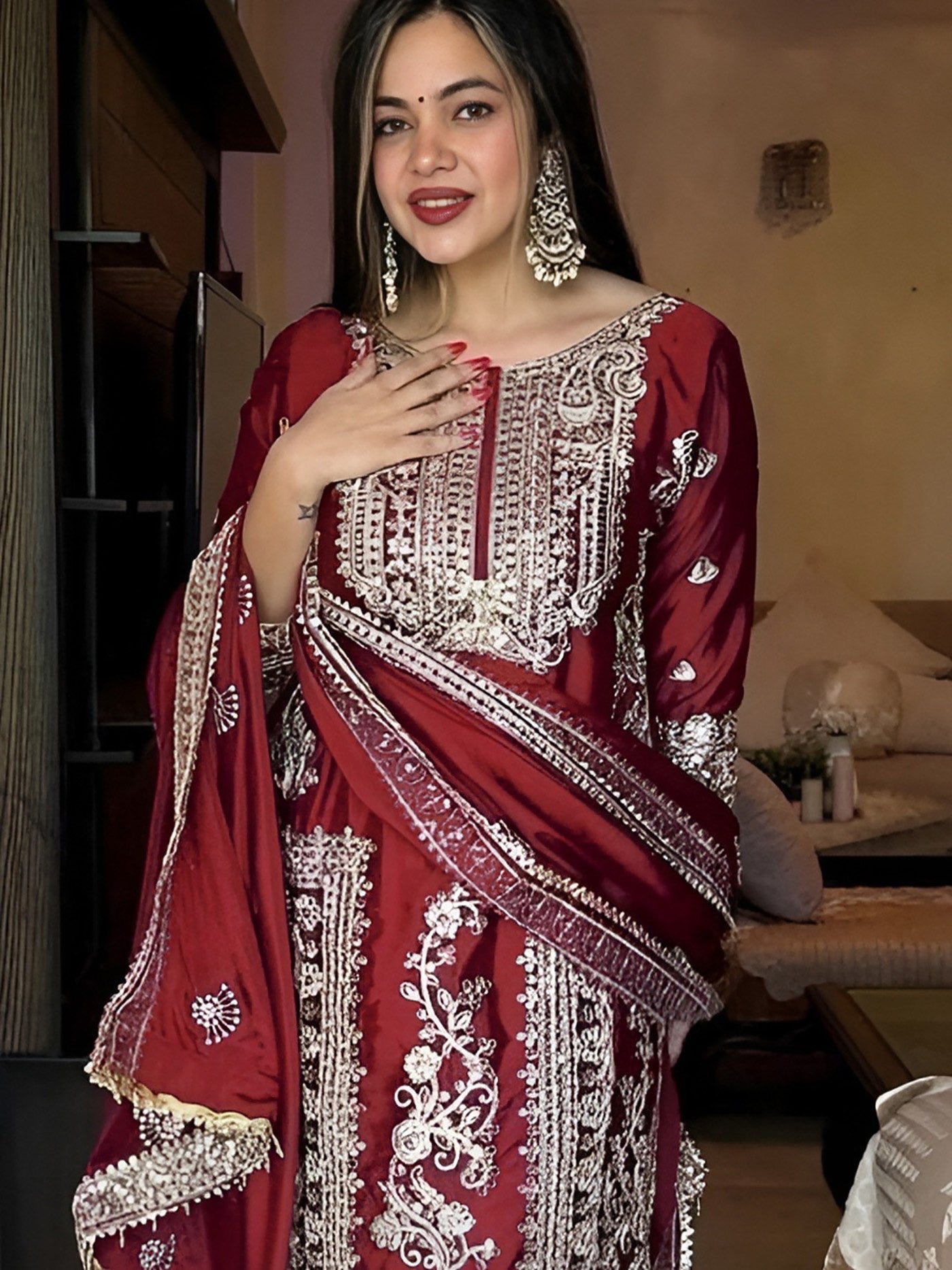 Maroon Jalpari Embroidered Kurta Set