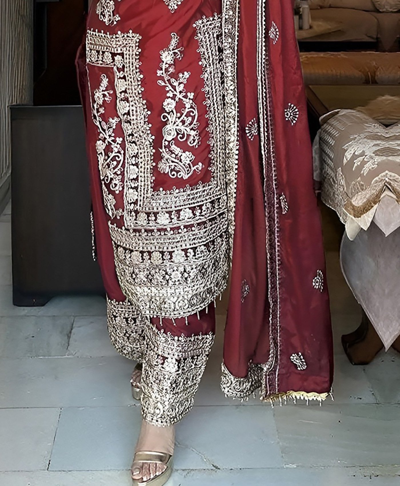 Maroon Jalpari Embroidered Kurta Set