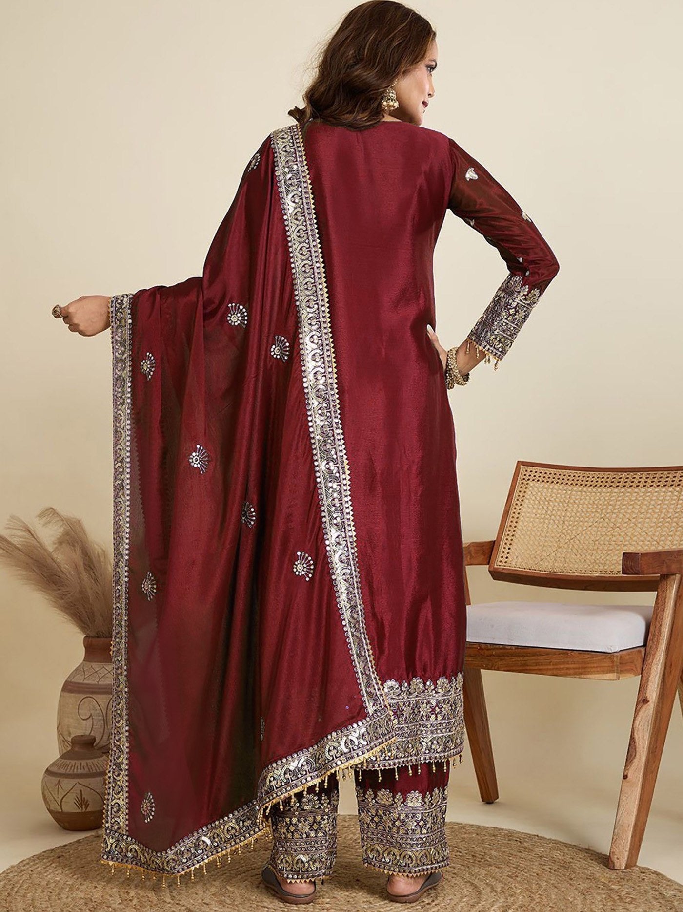 Maroon Jalpari Embroidered Kurta Set