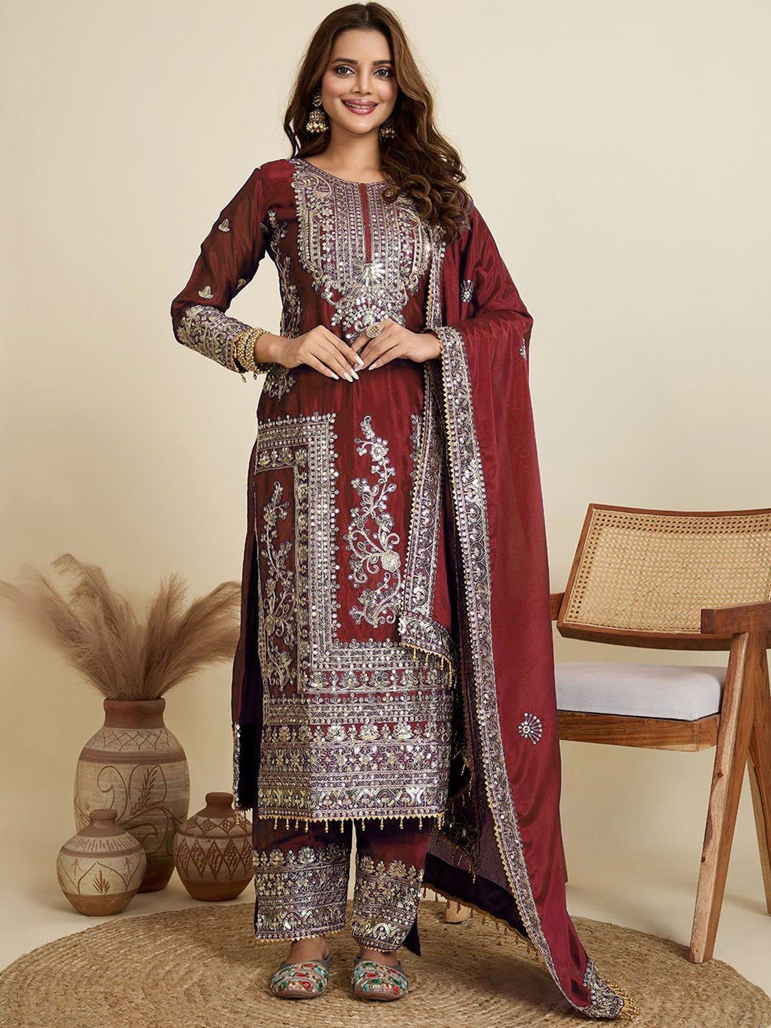 Maroon Jalpari Embroidered Kurta Set
