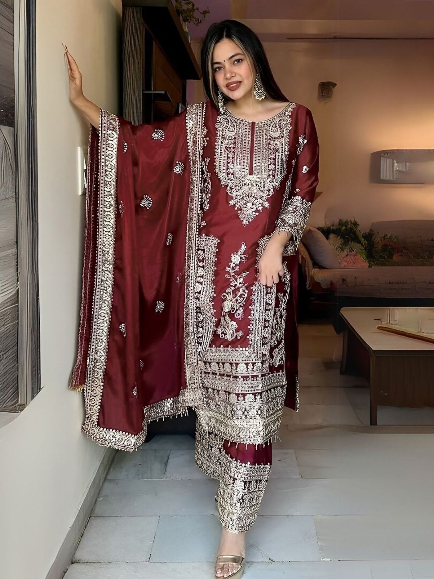 Maroon Jalpari Embroidered Kurta Set
