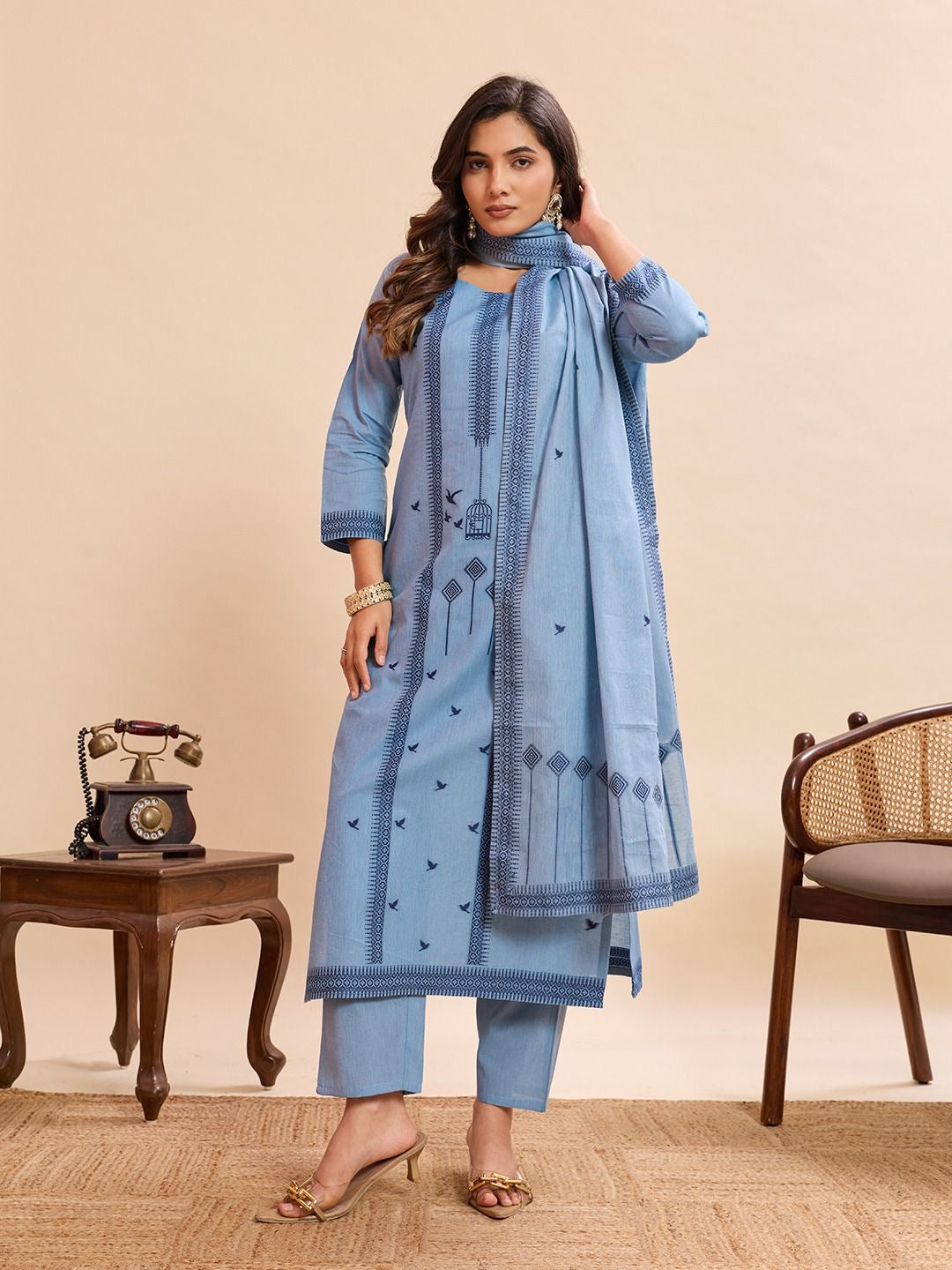 Light Blue Pure Cotton Jacquard Work Kurta Set 