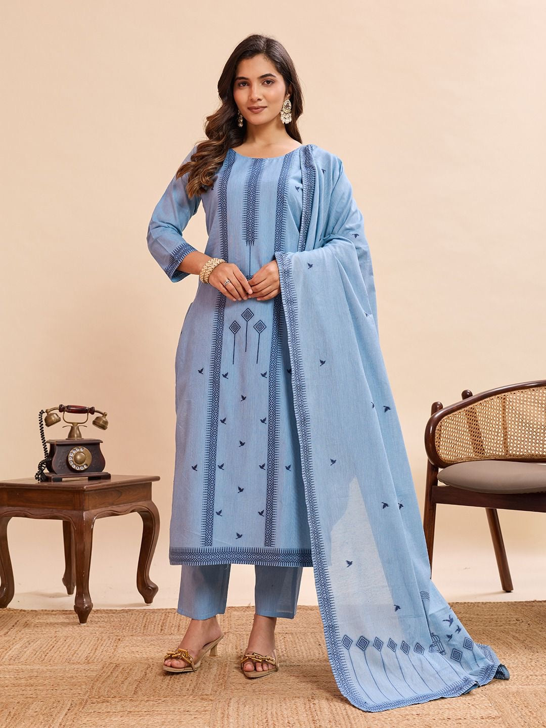 Light Blue Pure Cotton Jacquard Work Kurta Set 