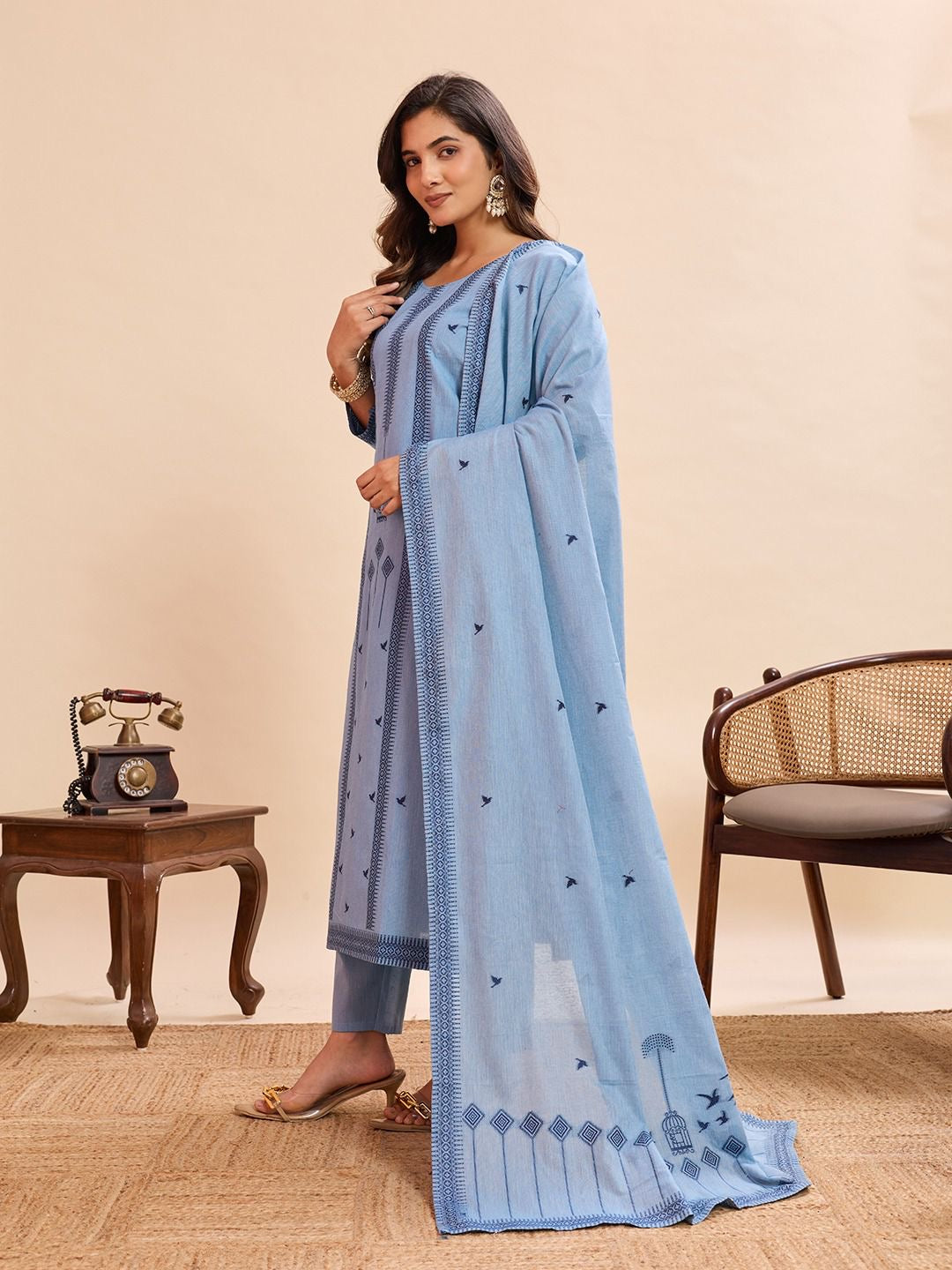 Light Blue Pure Cotton Jacquard Work Kurta Set 