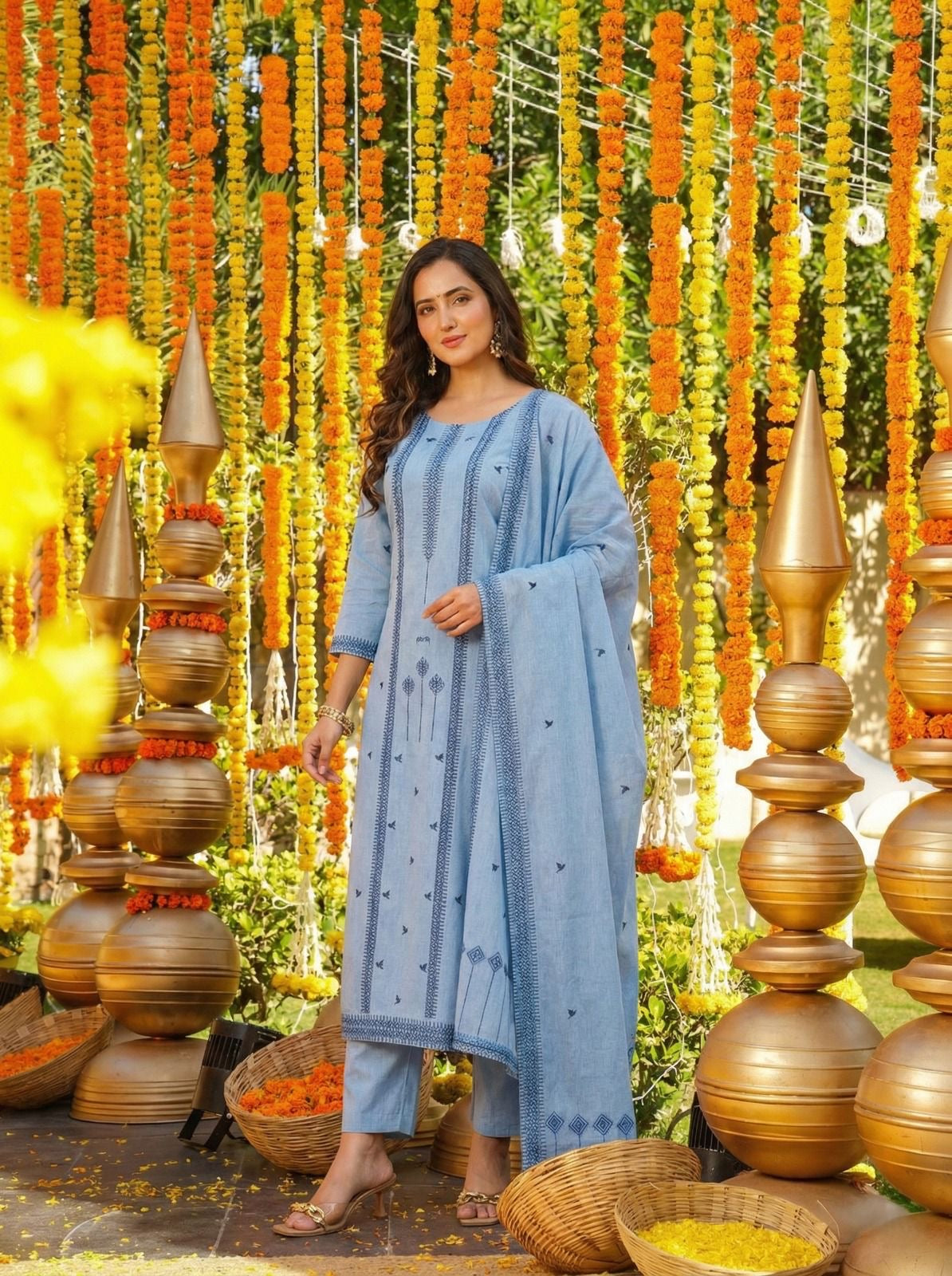 Light Blue Pure Cotton Jacquard Work Kurta Set 