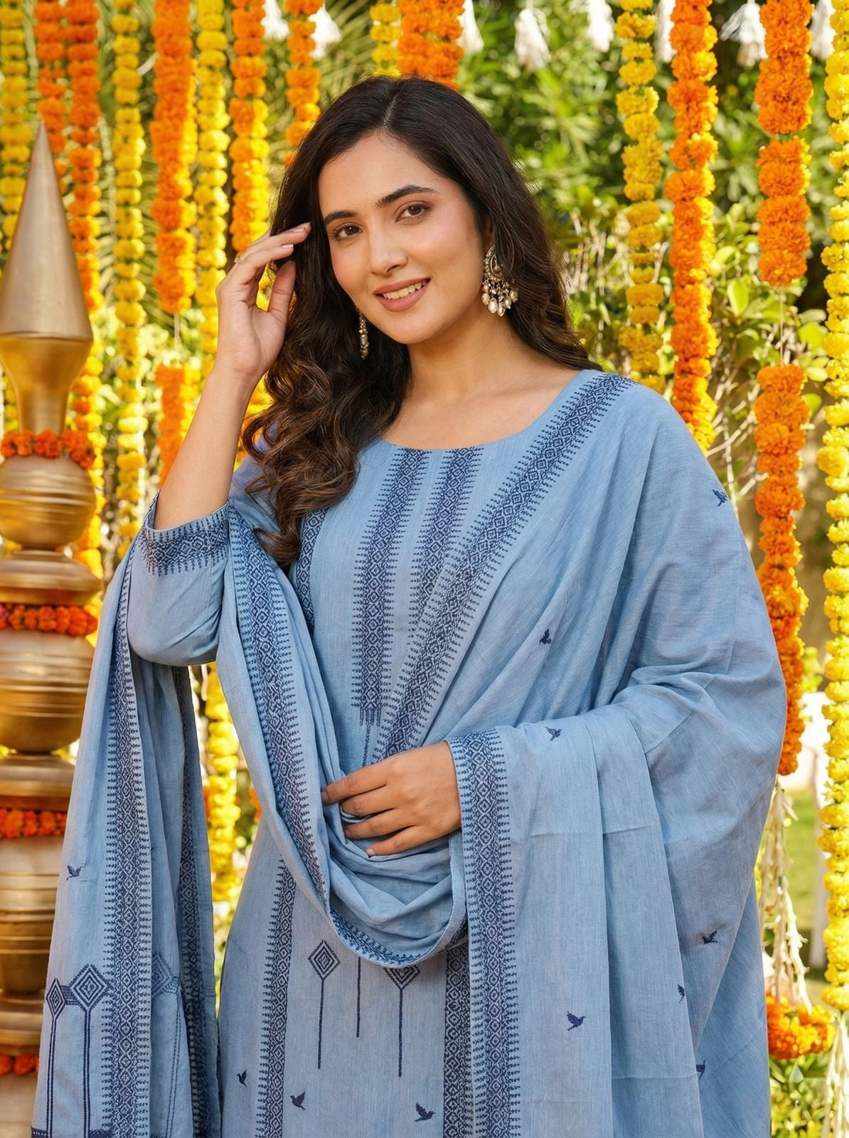 Light Blue Pure Cotton Jacquard Work Kurta Set 