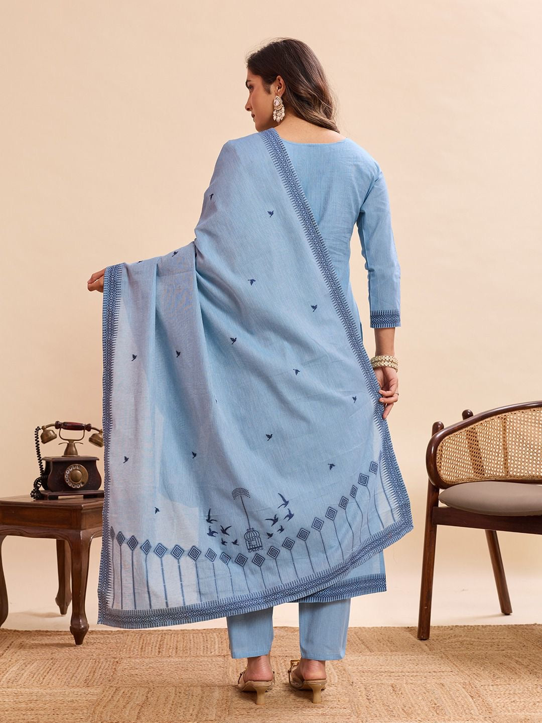 Light Blue Pure Cotton Jacquard Work Kurta Set 