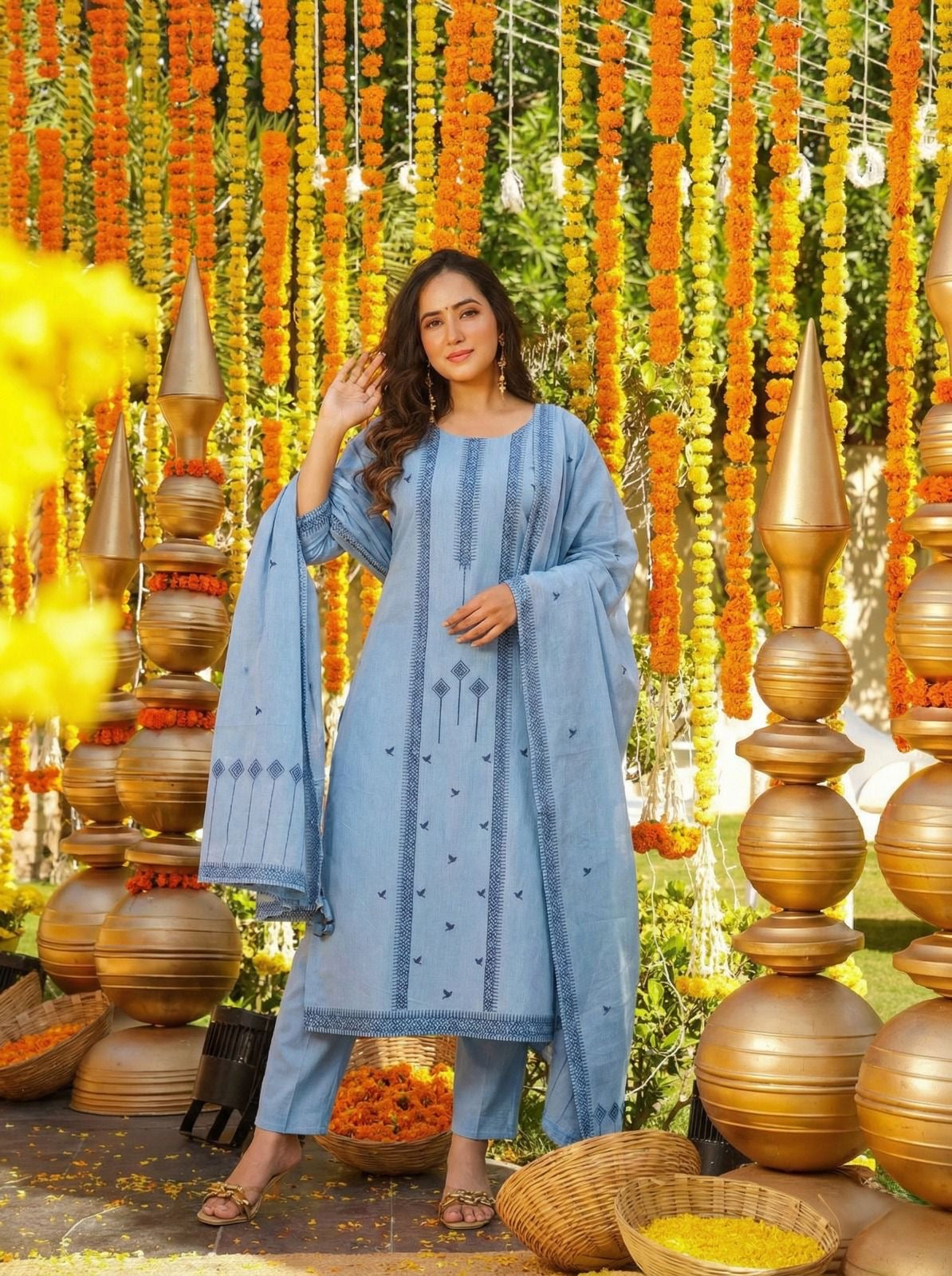 Light Blue Pure Cotton Jacquard Work Kurta Set 