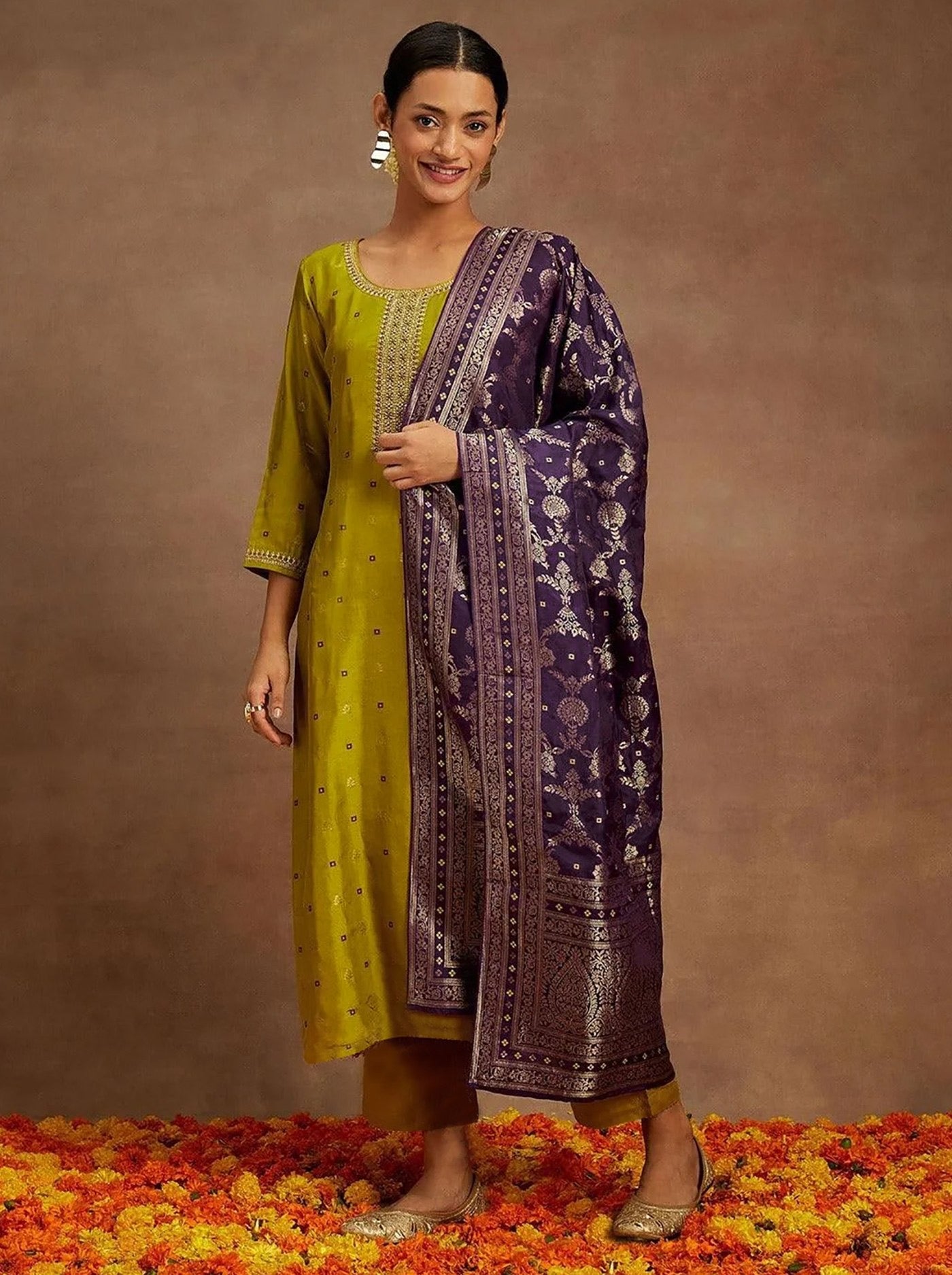 Mustard Art Silk Weaving Kurta Set 