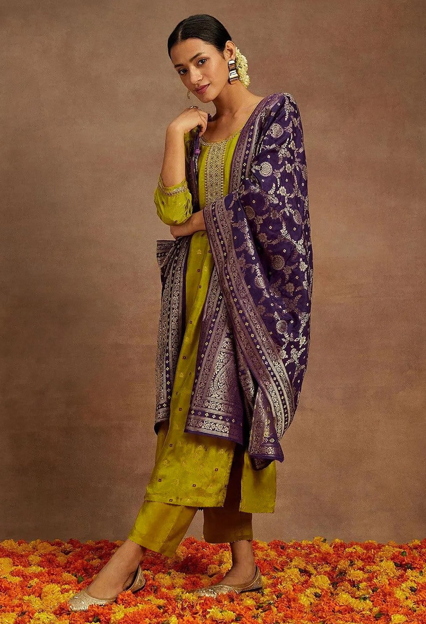 Mustard Art Silk Weaving Kurta Set 