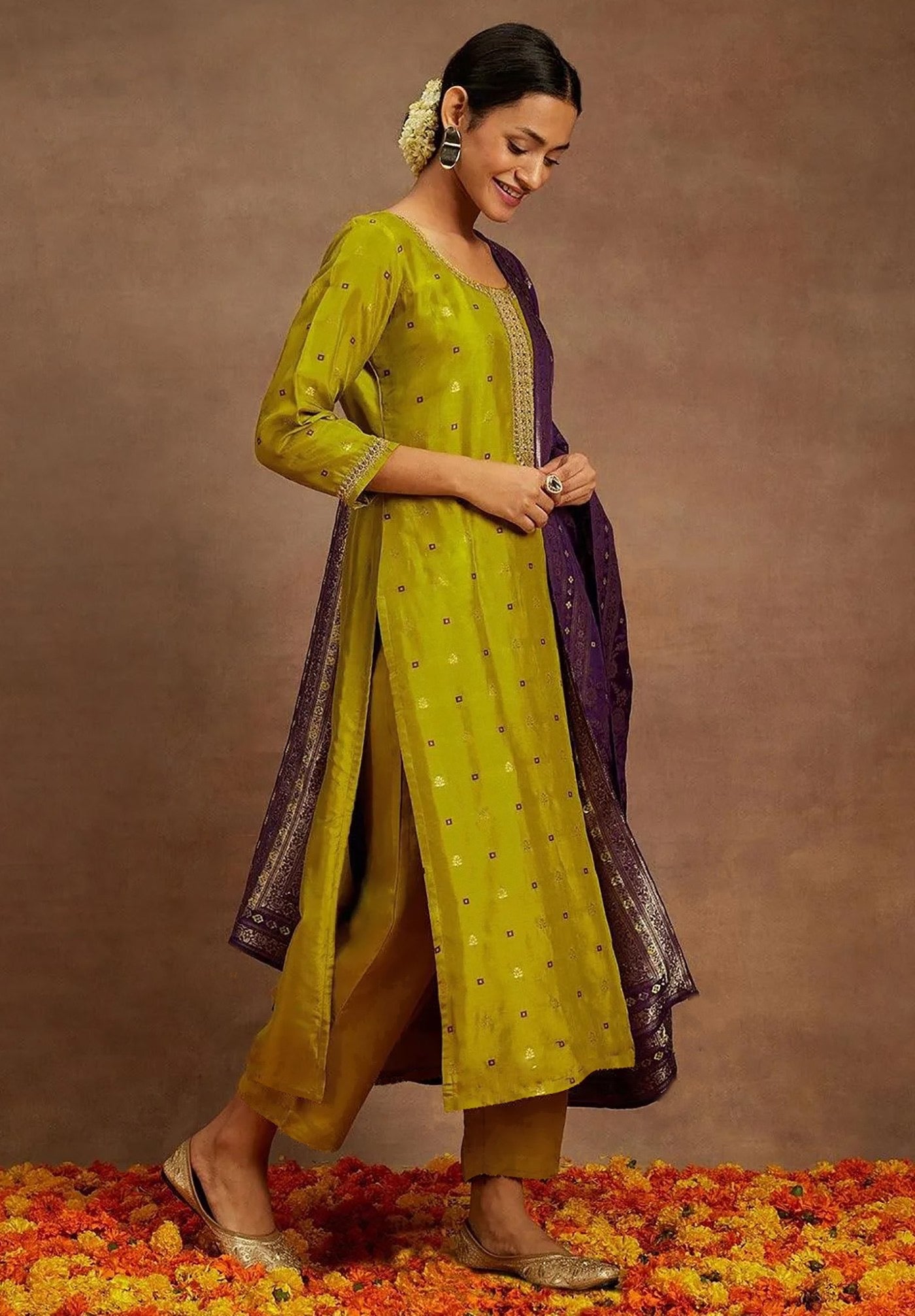 Mustard Art Silk Weaving Kurta Set 