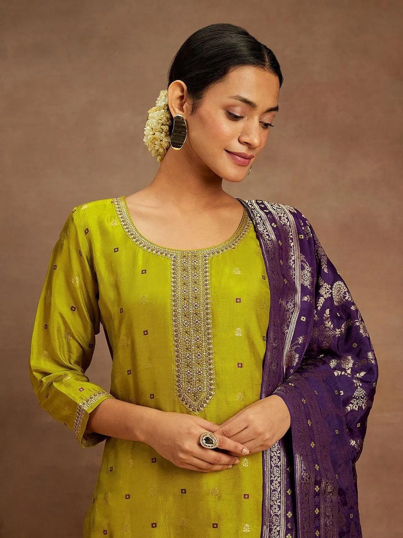 Mustard Art Silk Weaving Kurta Set 