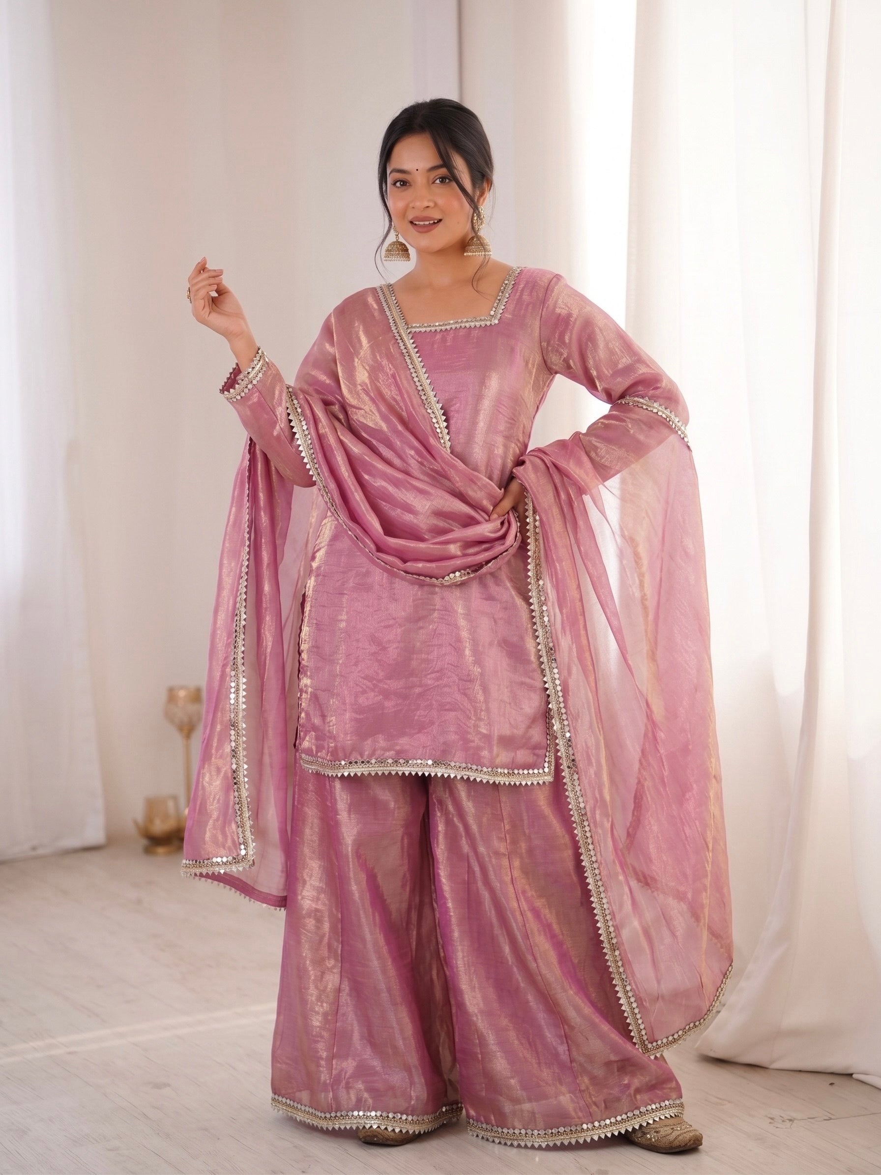 Pink Fendi Satin Mirror Work With Lace Border Suit Set 