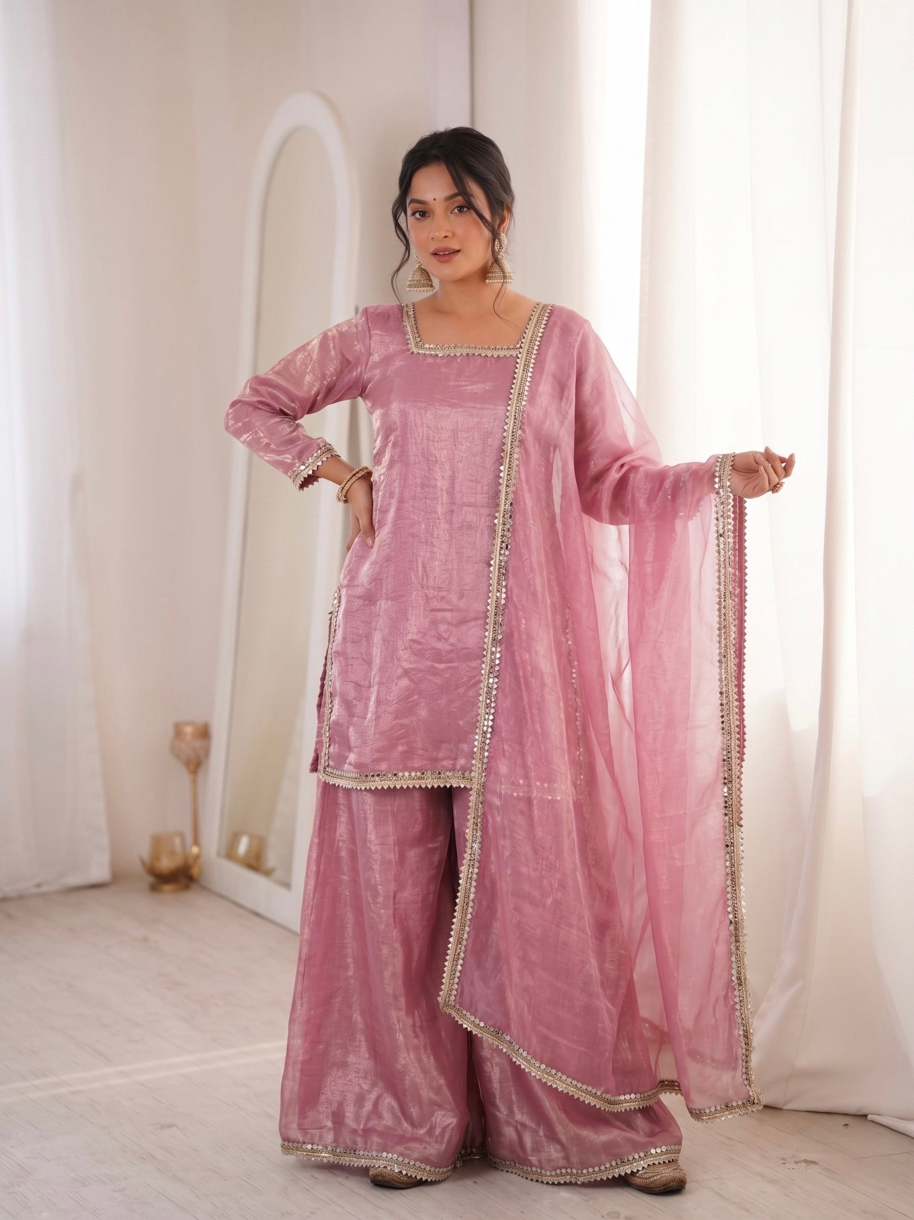 Pink Fendi Satin Mirror Work With Lace Border Suit Set 