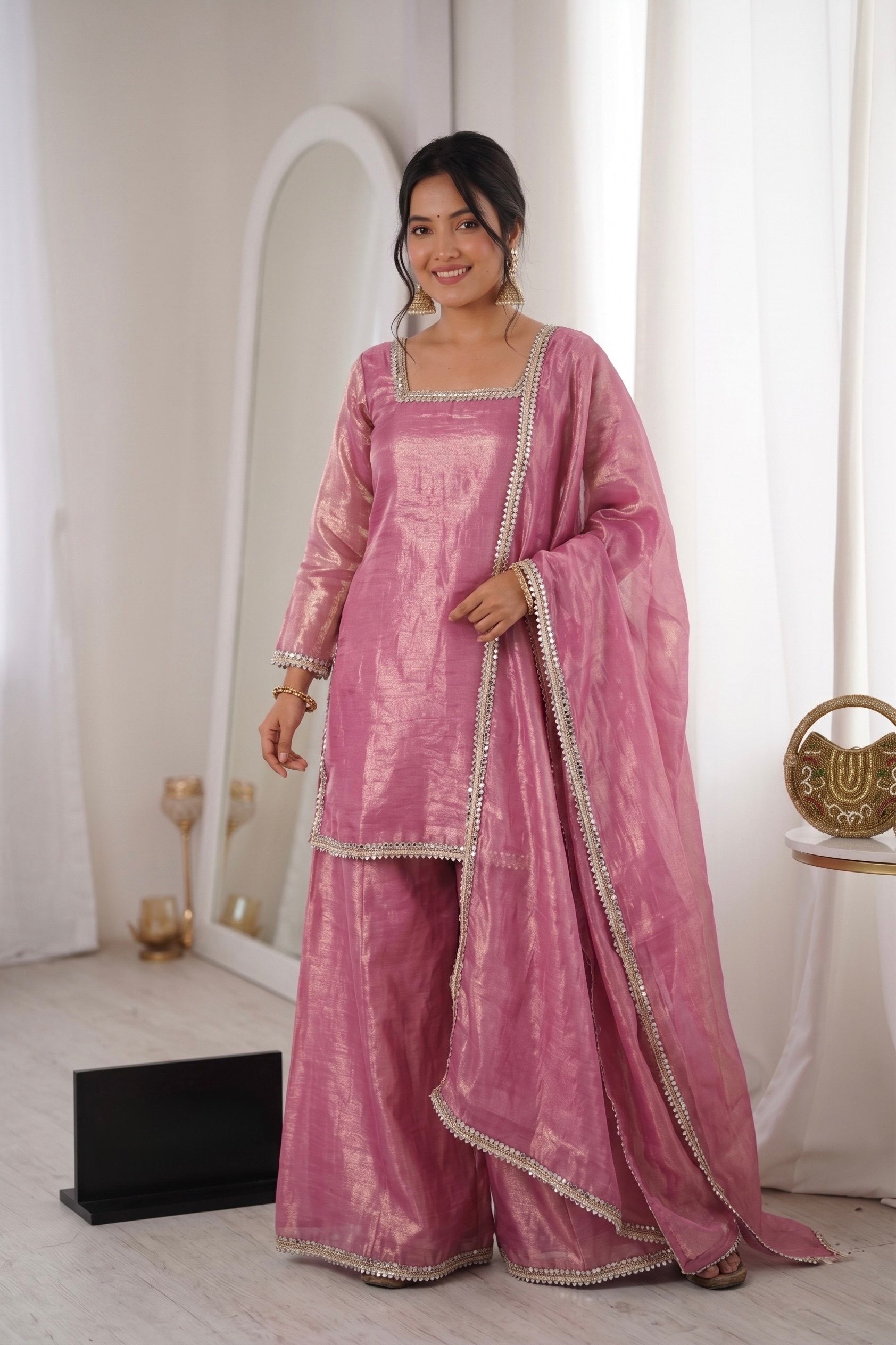 Pink Fendi Satin Mirror Work With Lace Border Suit Set 