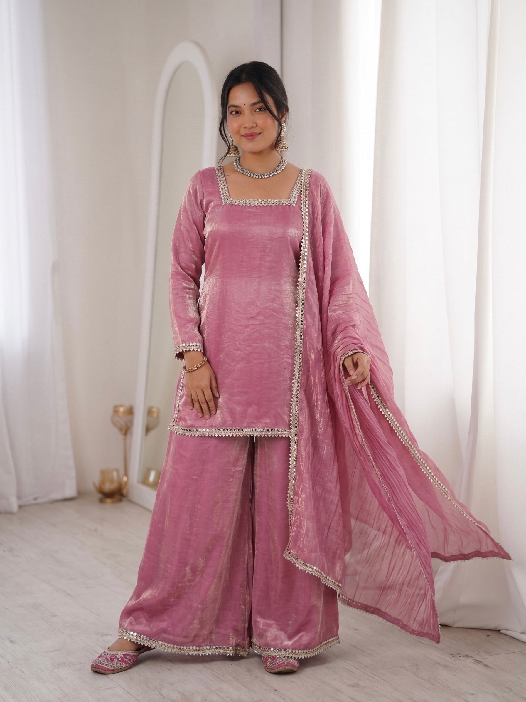 Pink Fendi Satin Mirror Work With Lace Border Suit Set 