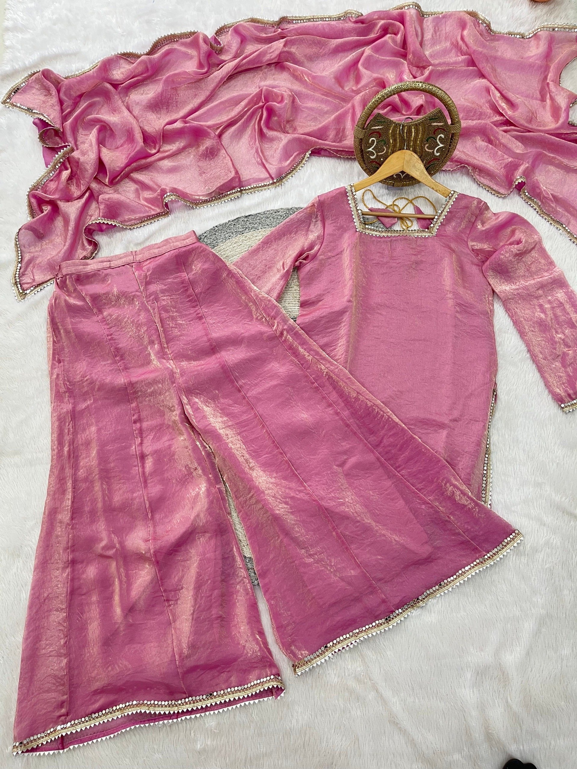 Pink Fendi Satin Mirror Work With Lace Border Suit Set 