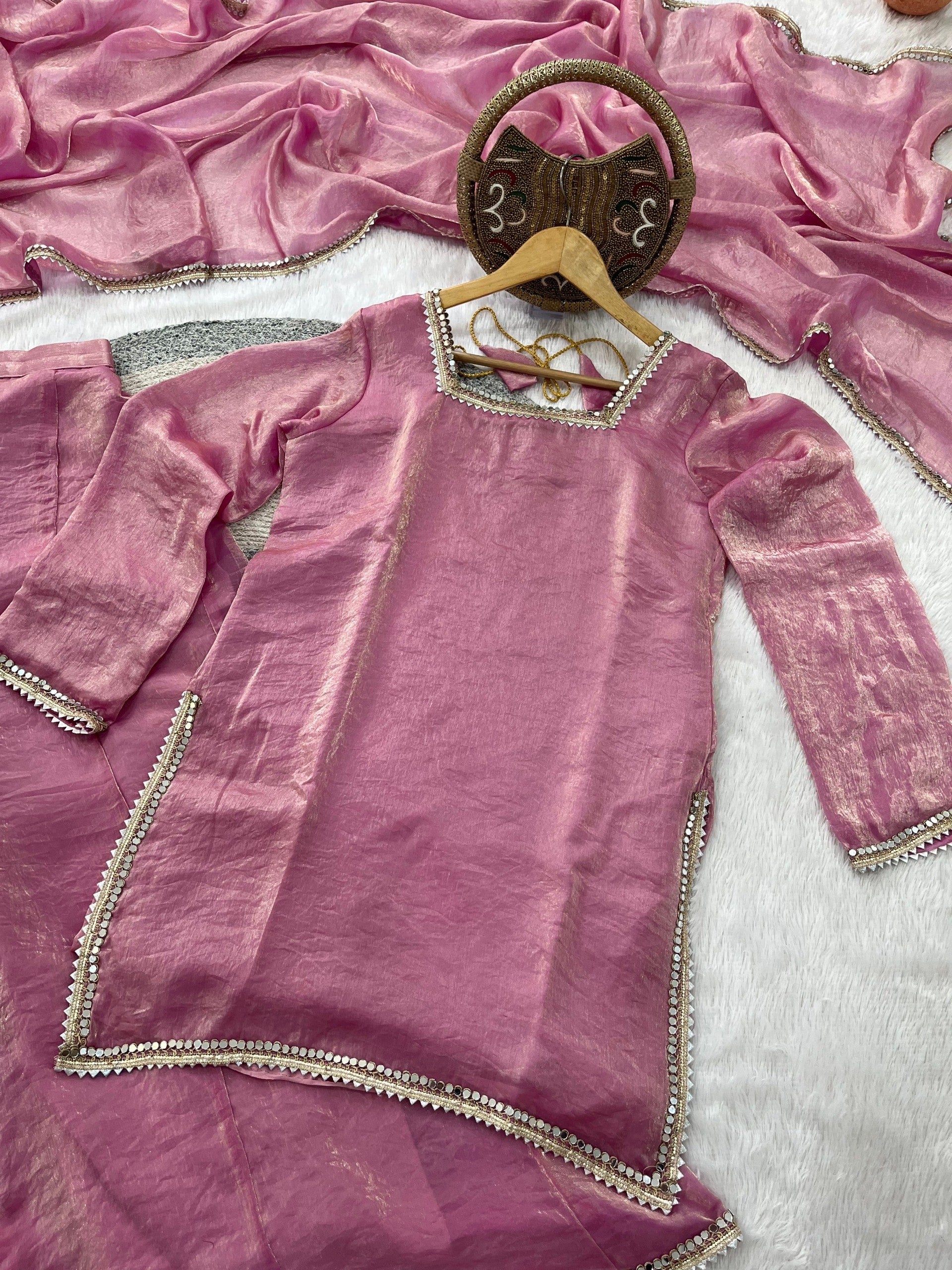 Pink Fendi Satin Mirror Work With Lace Border Suit Set 