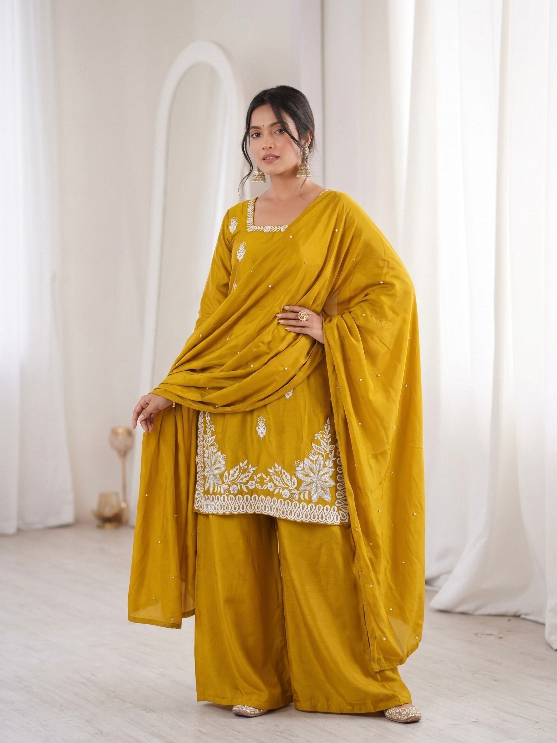 Yellow Roman Silk Embroidery Work Suit Set 