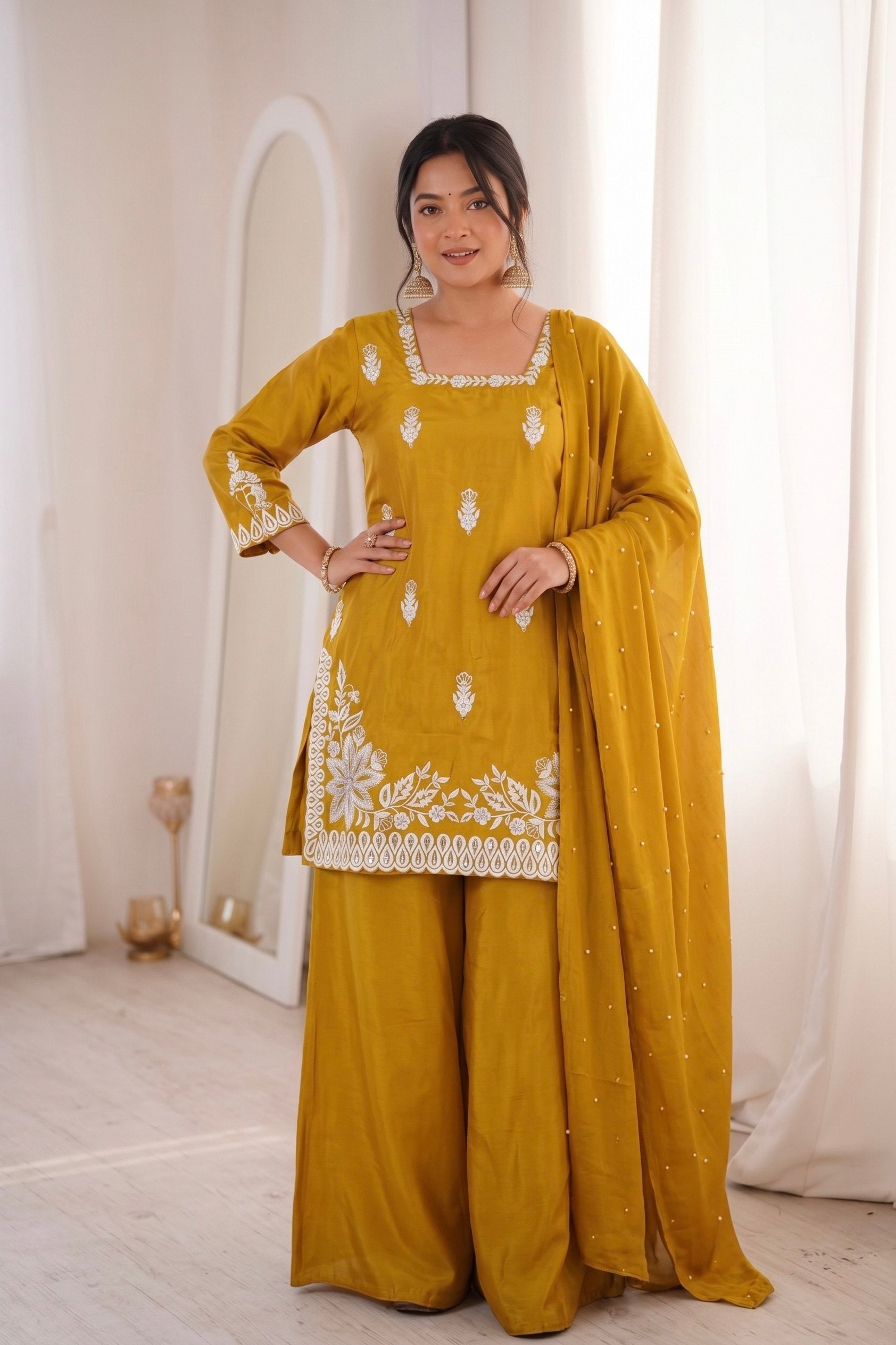 Yellow Roman Silk Embroidery Work Suit Set 