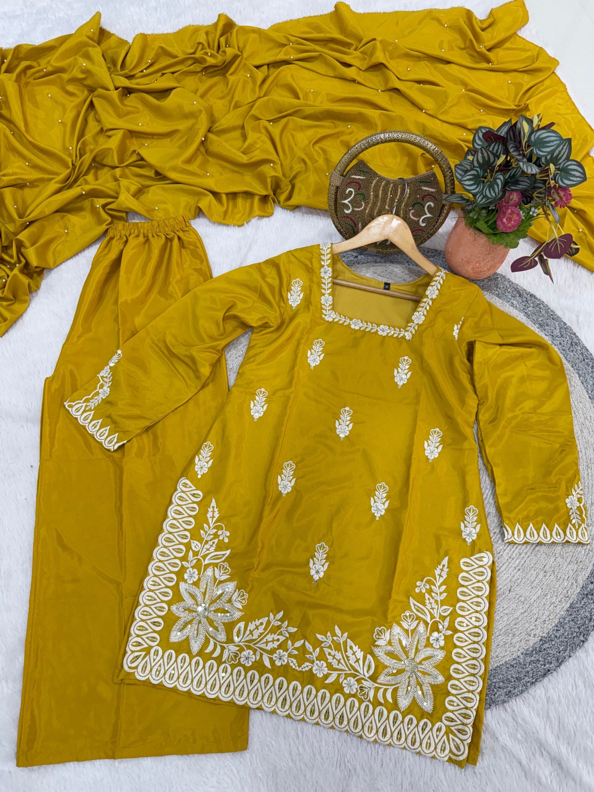 Yellow Roman Silk Embroidery Work Suit Set 