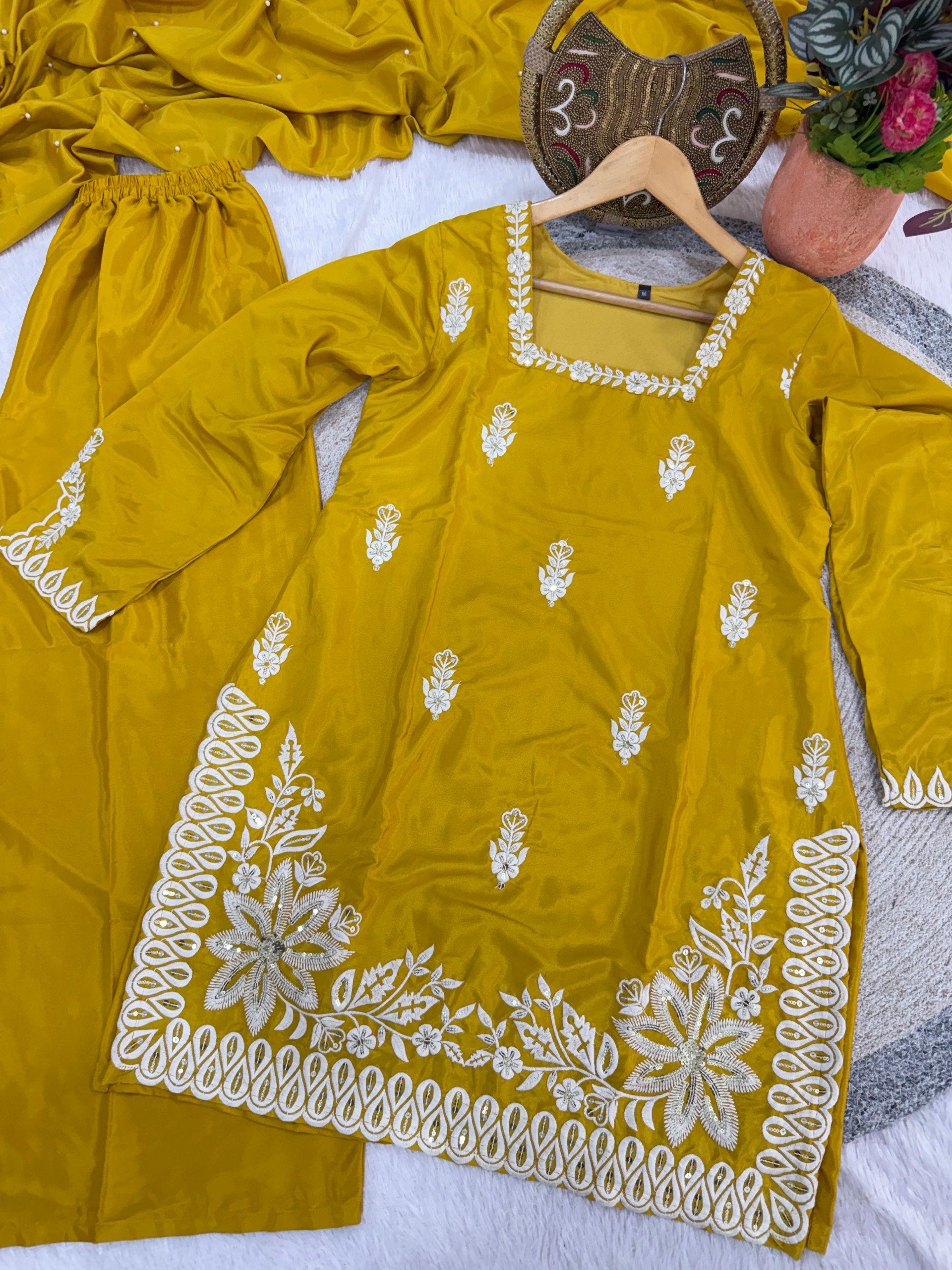 Yellow Roman Silk Embroidery Work Suit Set 