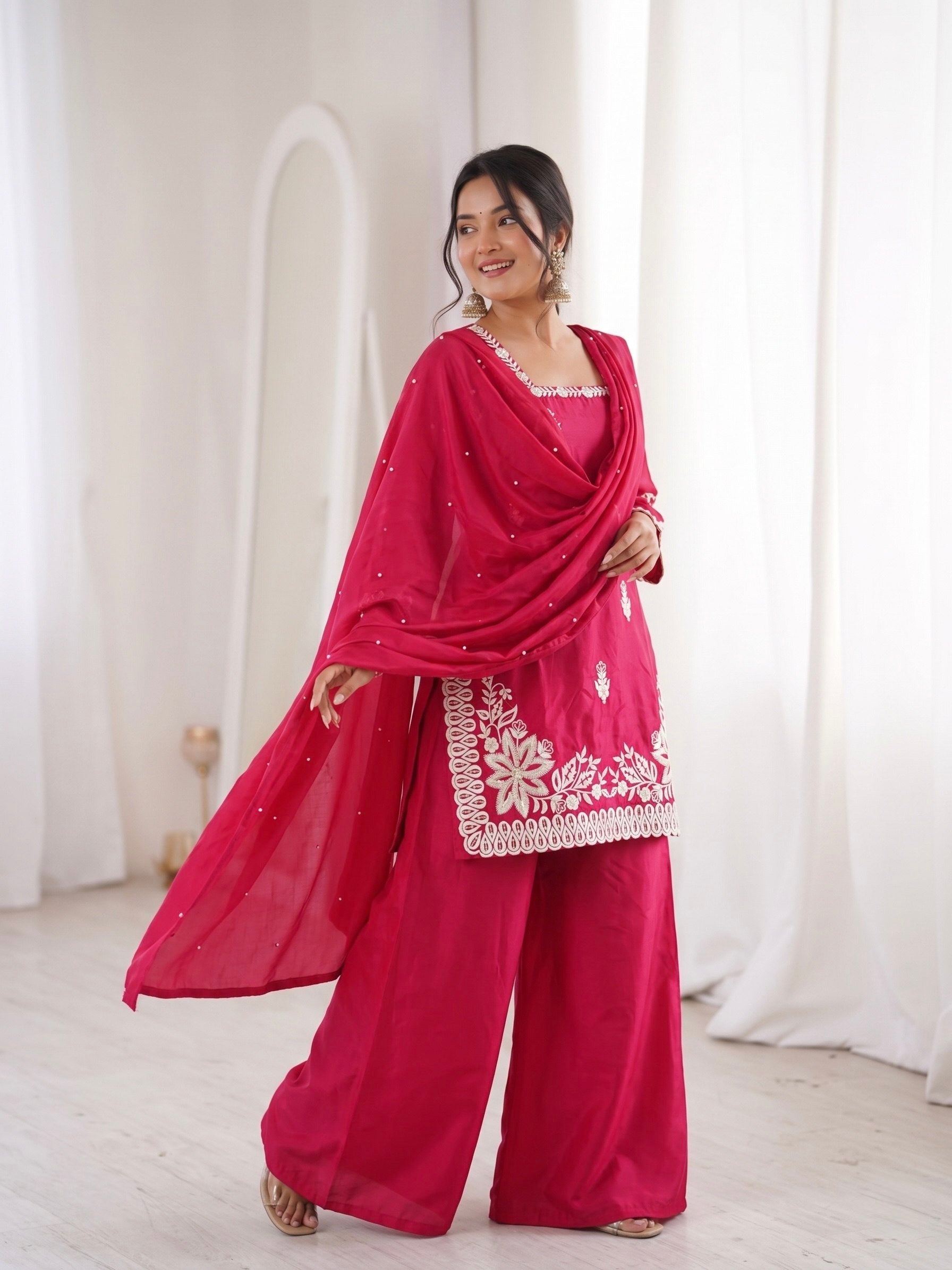 Red Roman Silk Embroidery Work Suit Set