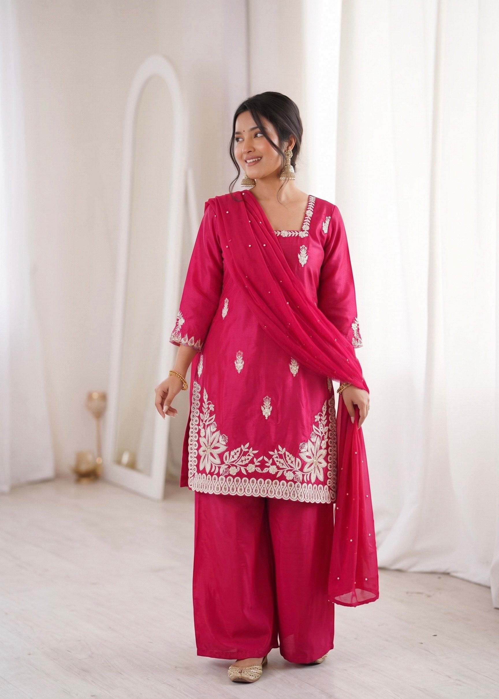 Red Roman Silk Embroidery Work Suit Set