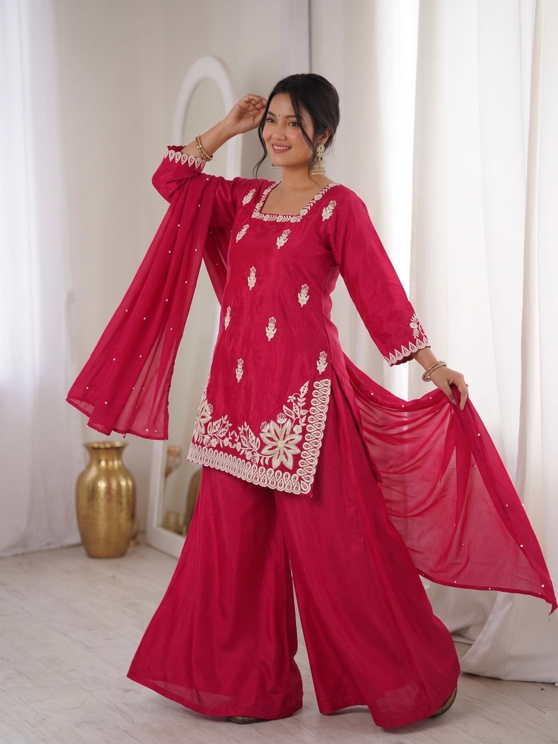 Red Roman Silk Embroidery Work Suit Set