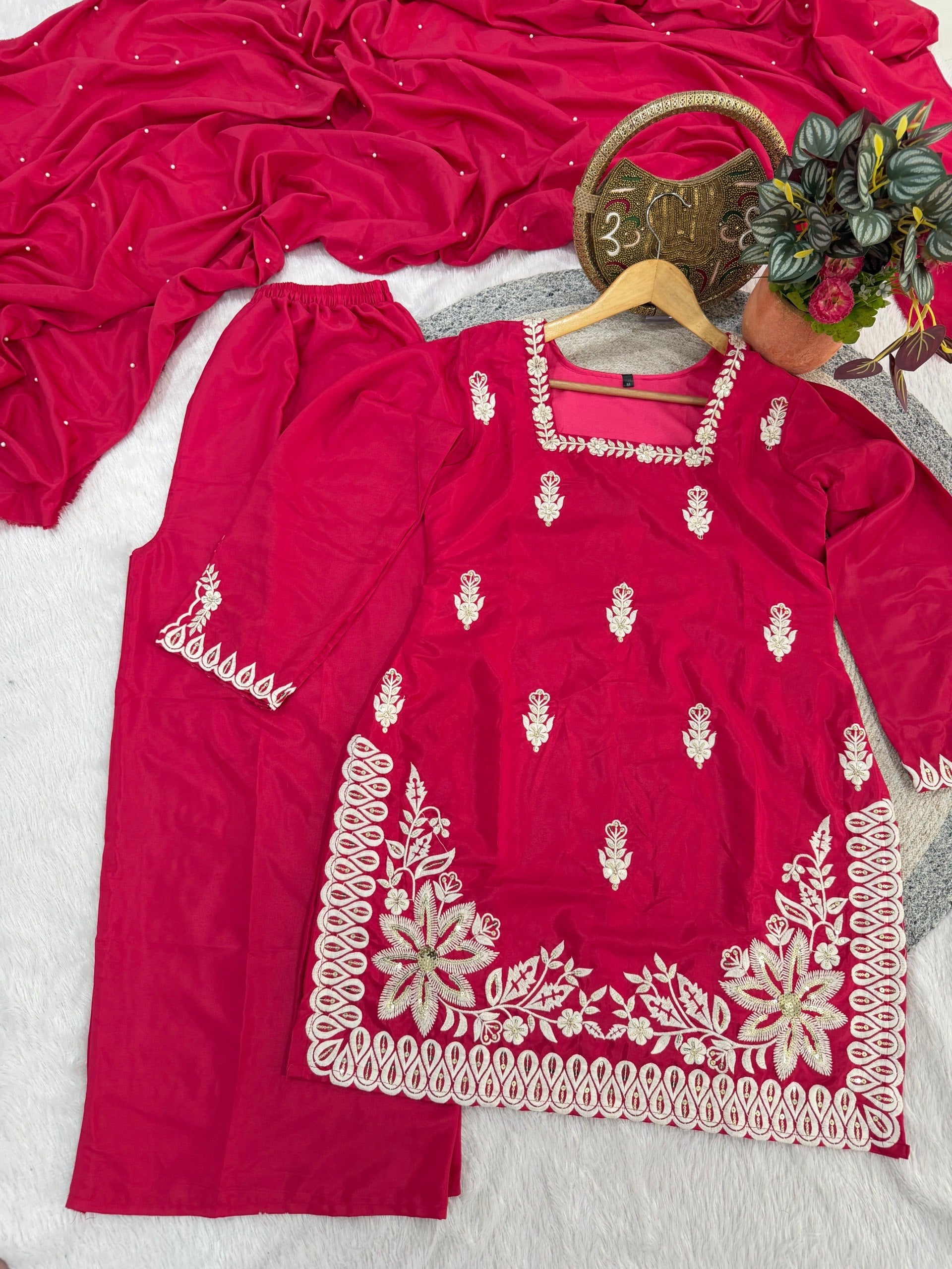 Red Roman Silk Embroidery Work Suit Set