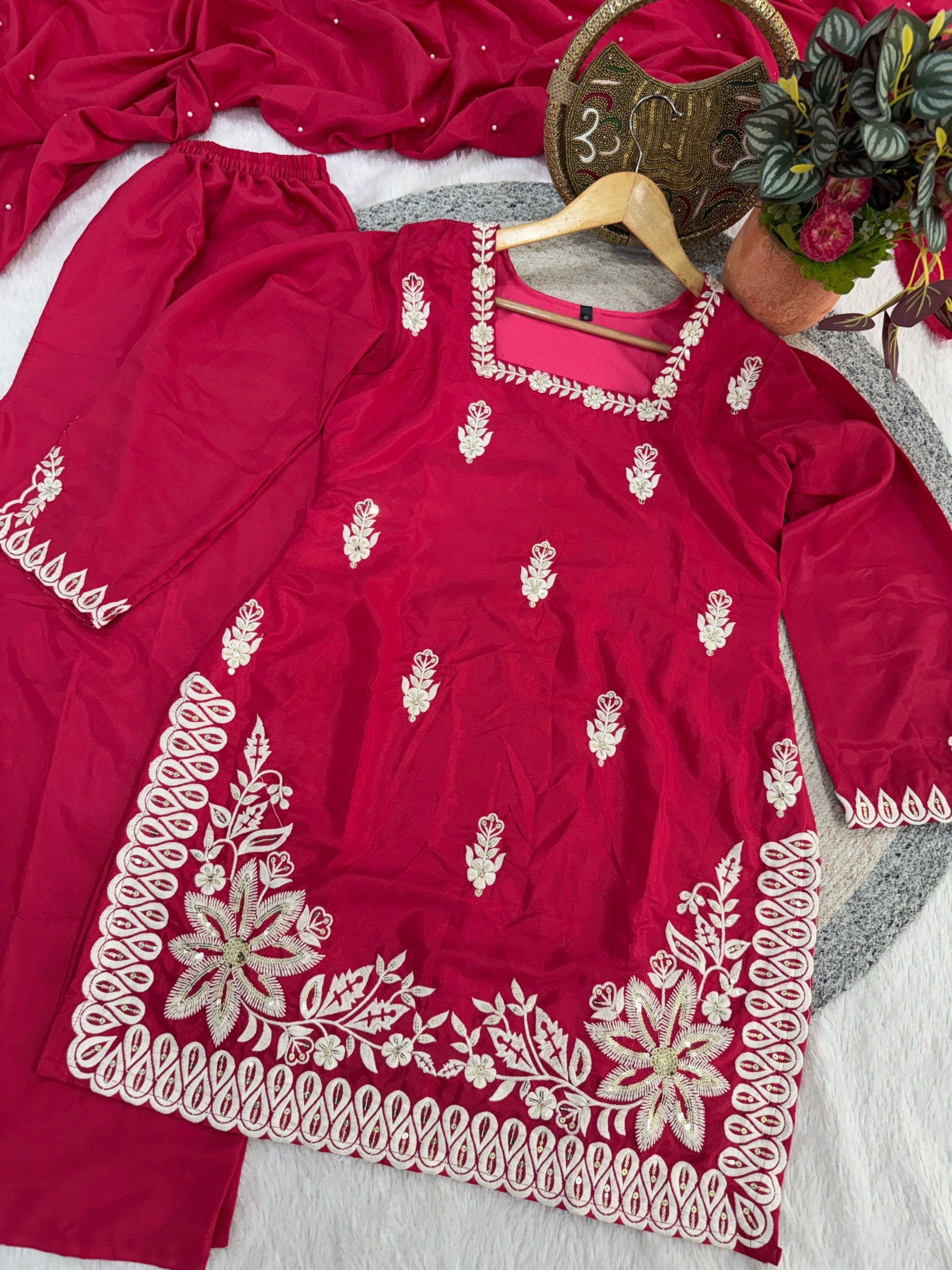 Red Roman Silk Embroidery Work Suit Set