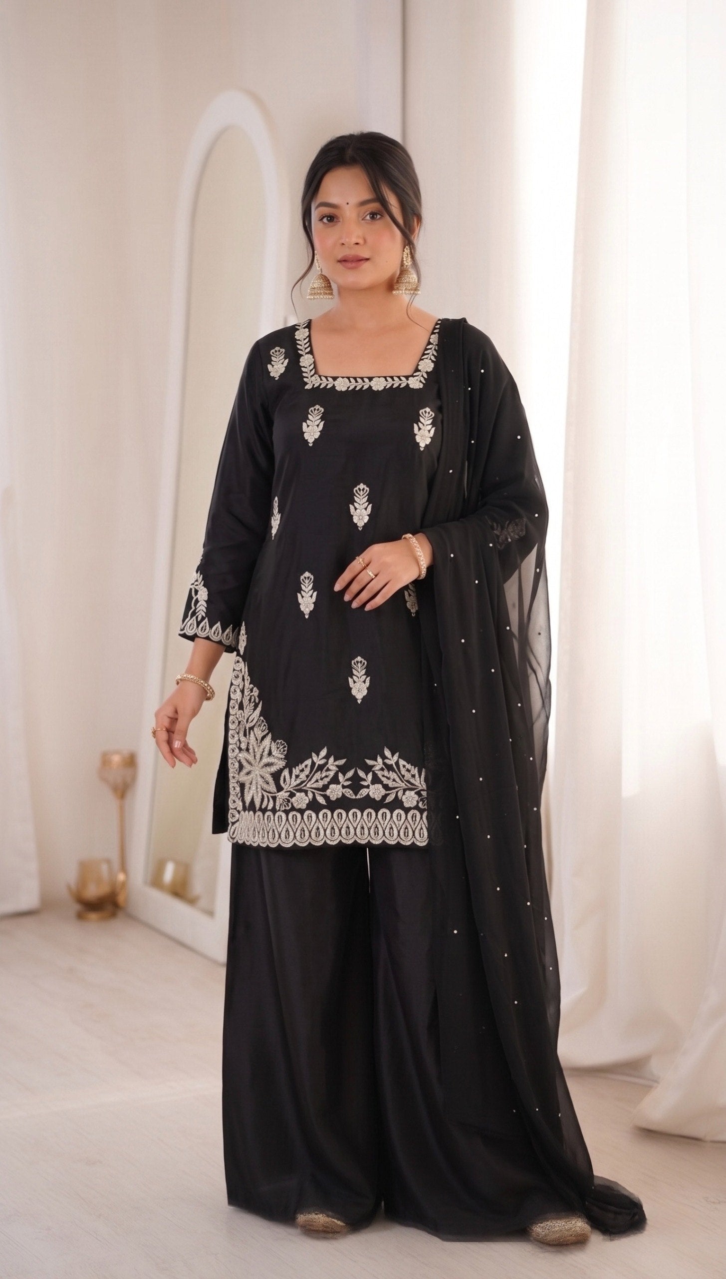 Black Roman Silk Embroidery Work Suit Set