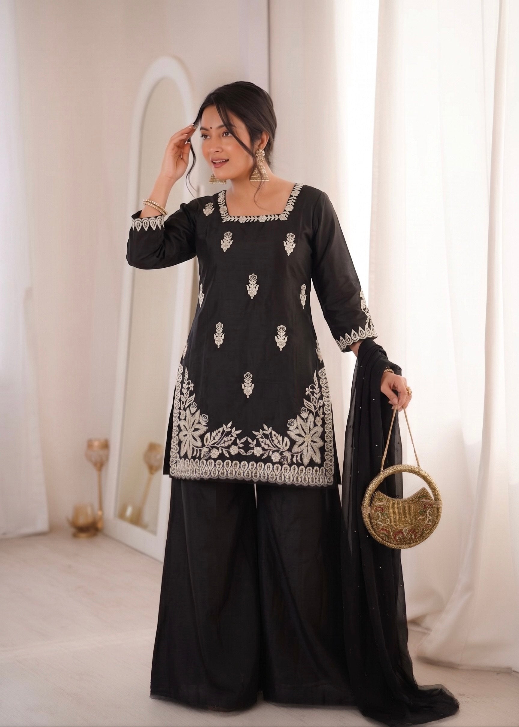 Black Roman Silk Embroidery Work Suit Set