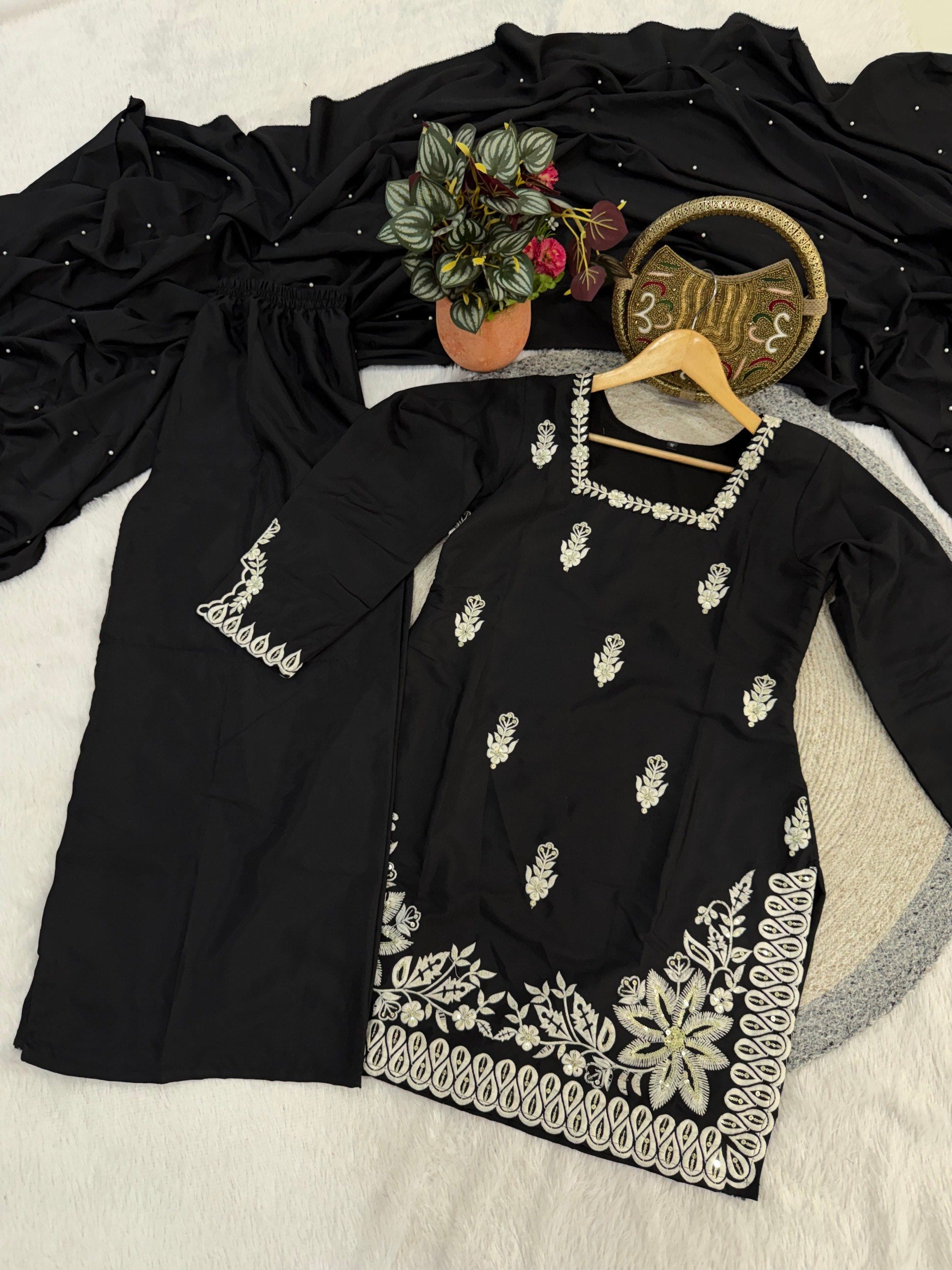 Black Roman Silk Embroidery Work Suit Set