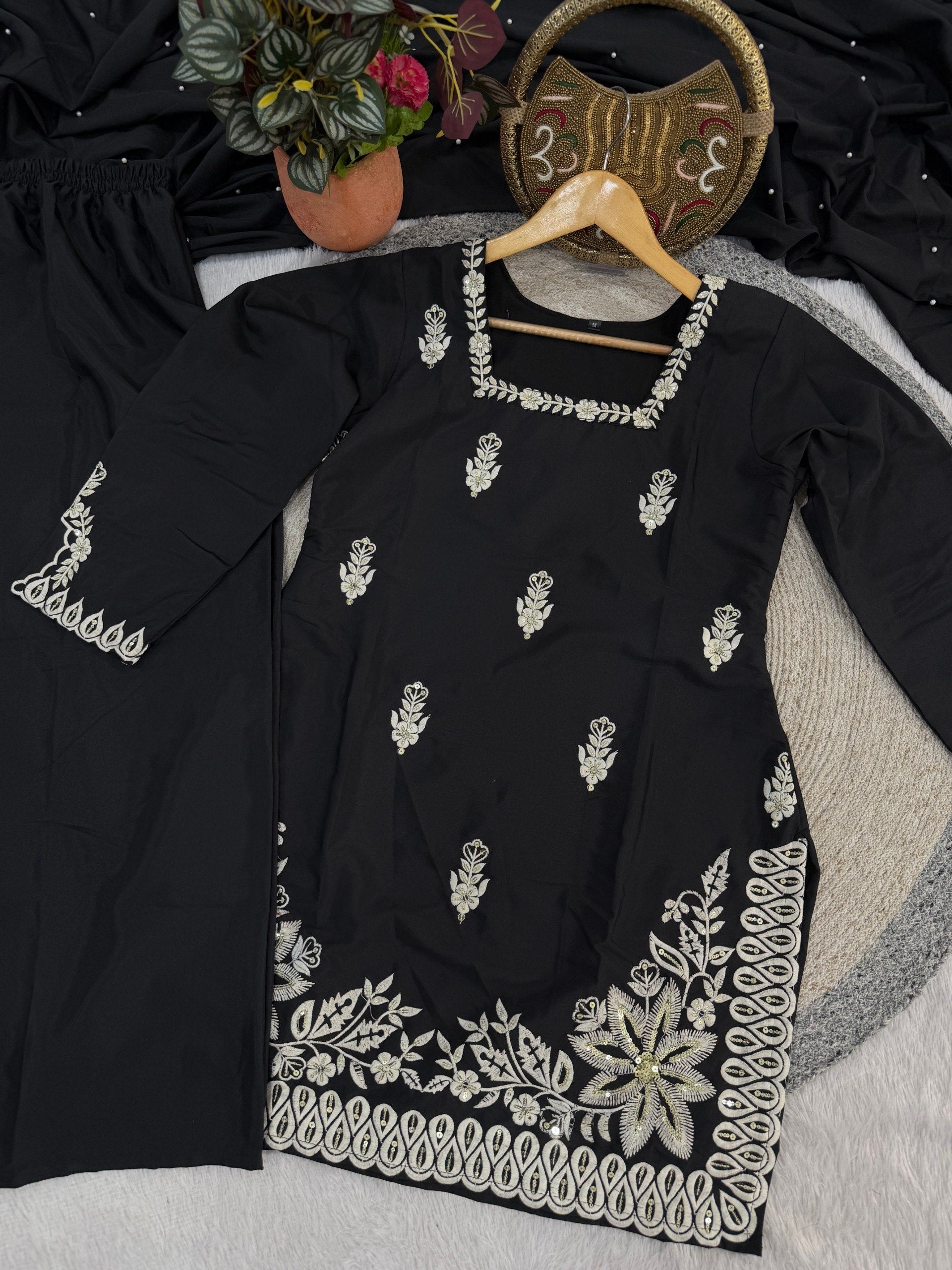Black Roman Silk Embroidery Work Suit Set