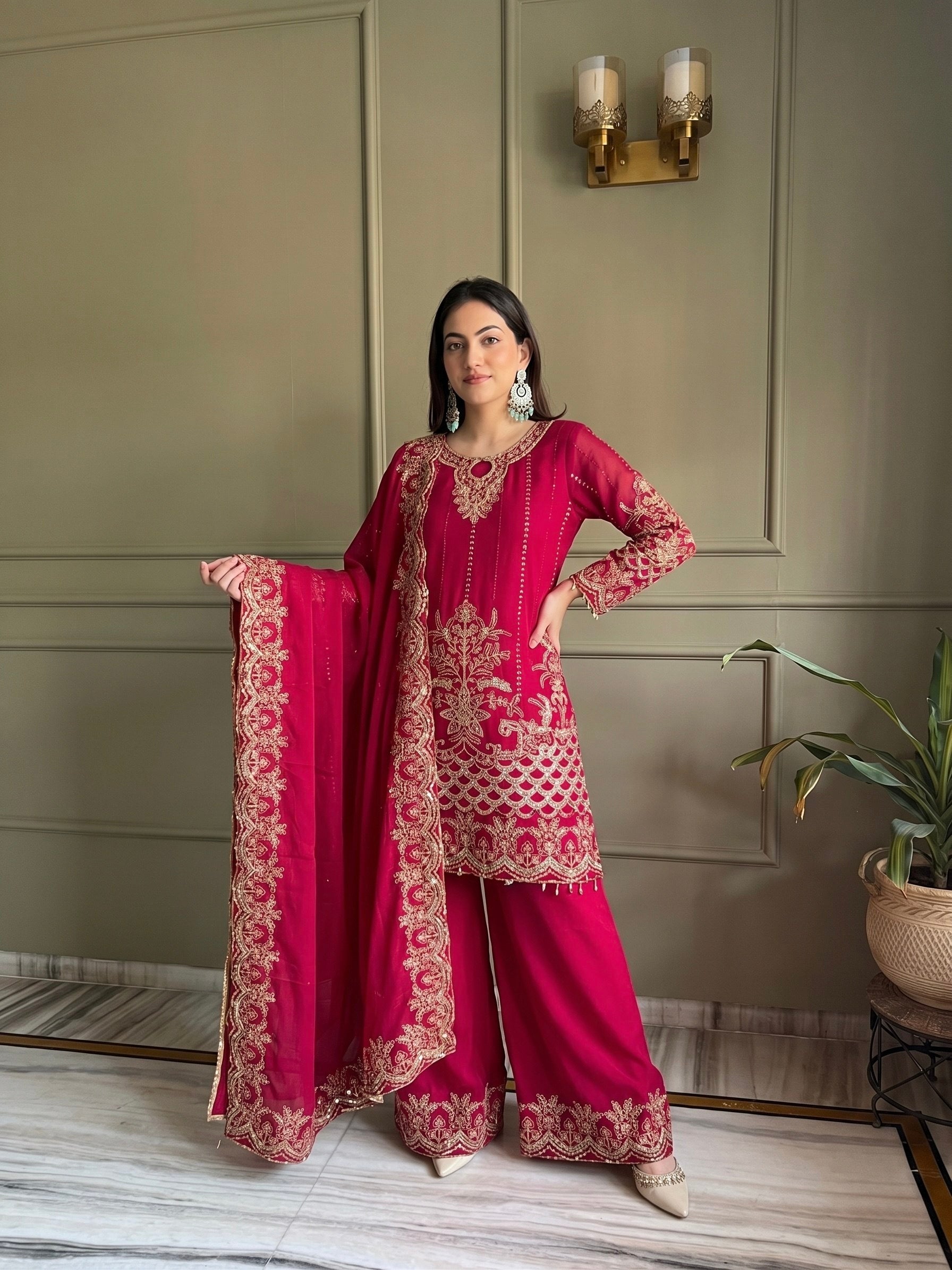 Red Faux Georgette Embroidery Sequins Work With Fancy Latkan Suit Set 