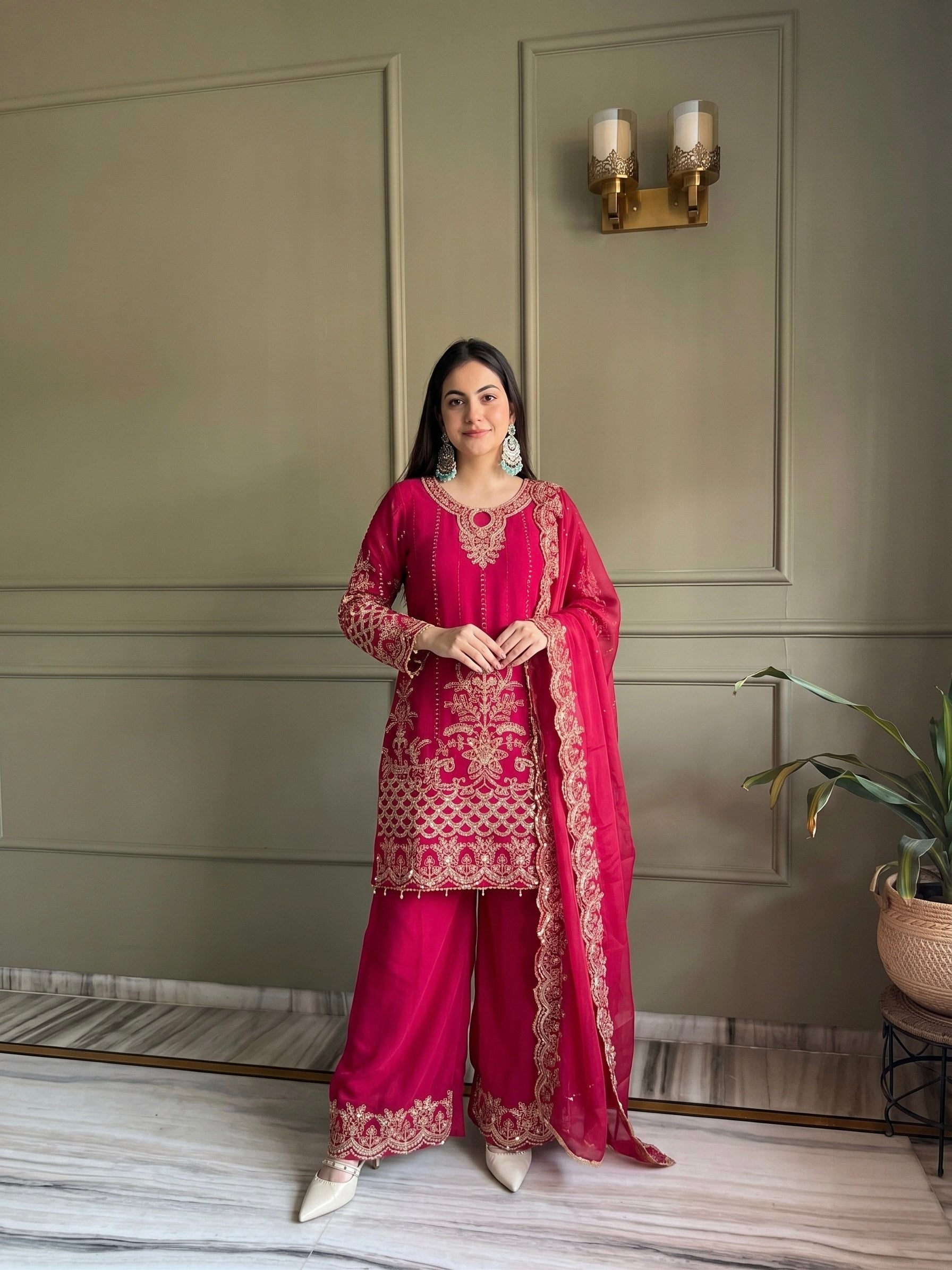 Red Faux Georgette Embroidery Sequins Work With Fancy Latkan Suit Set 