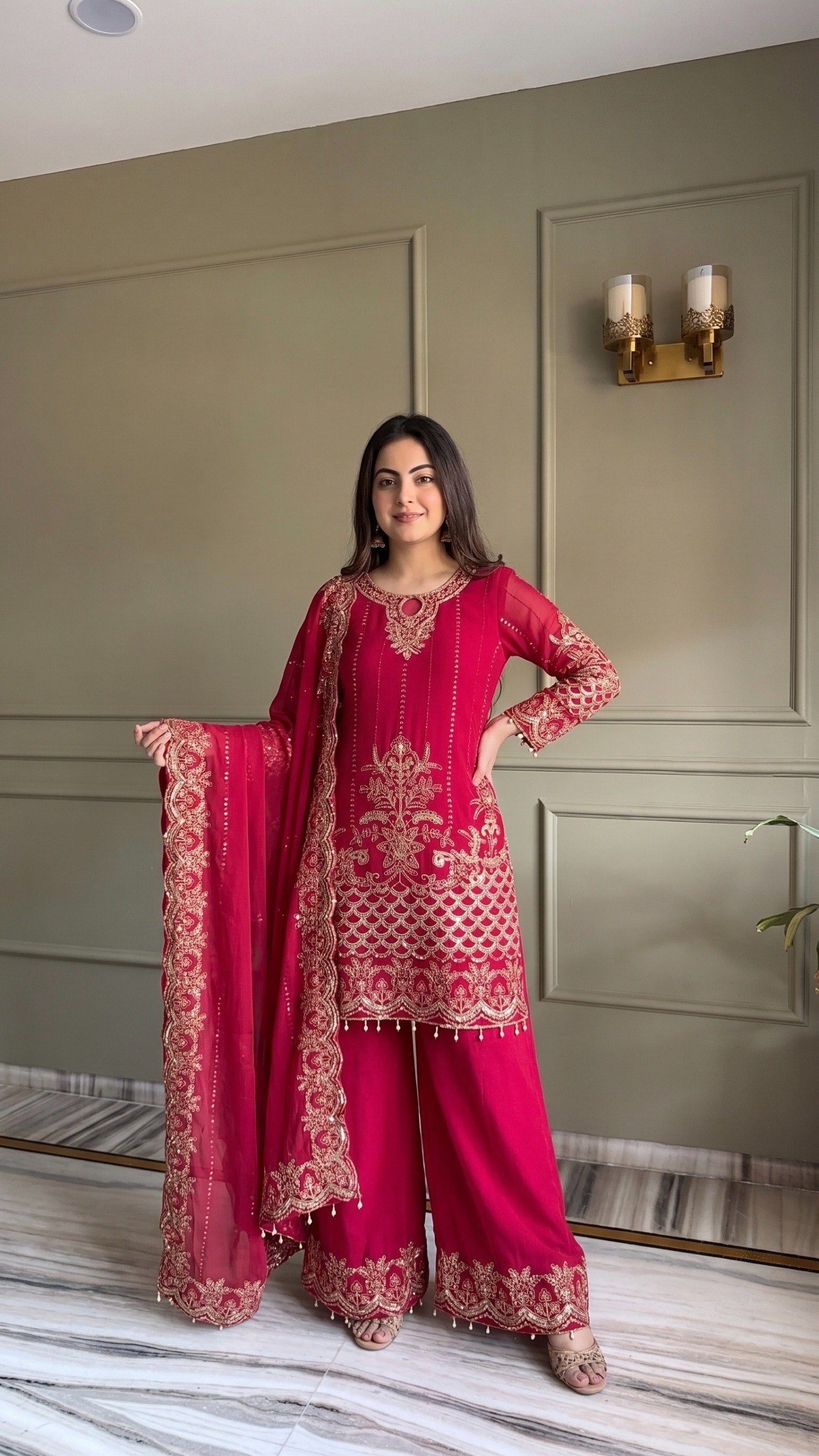 Red Faux Georgette Embroidery Sequins Work With Fancy Latkan Suit Set 