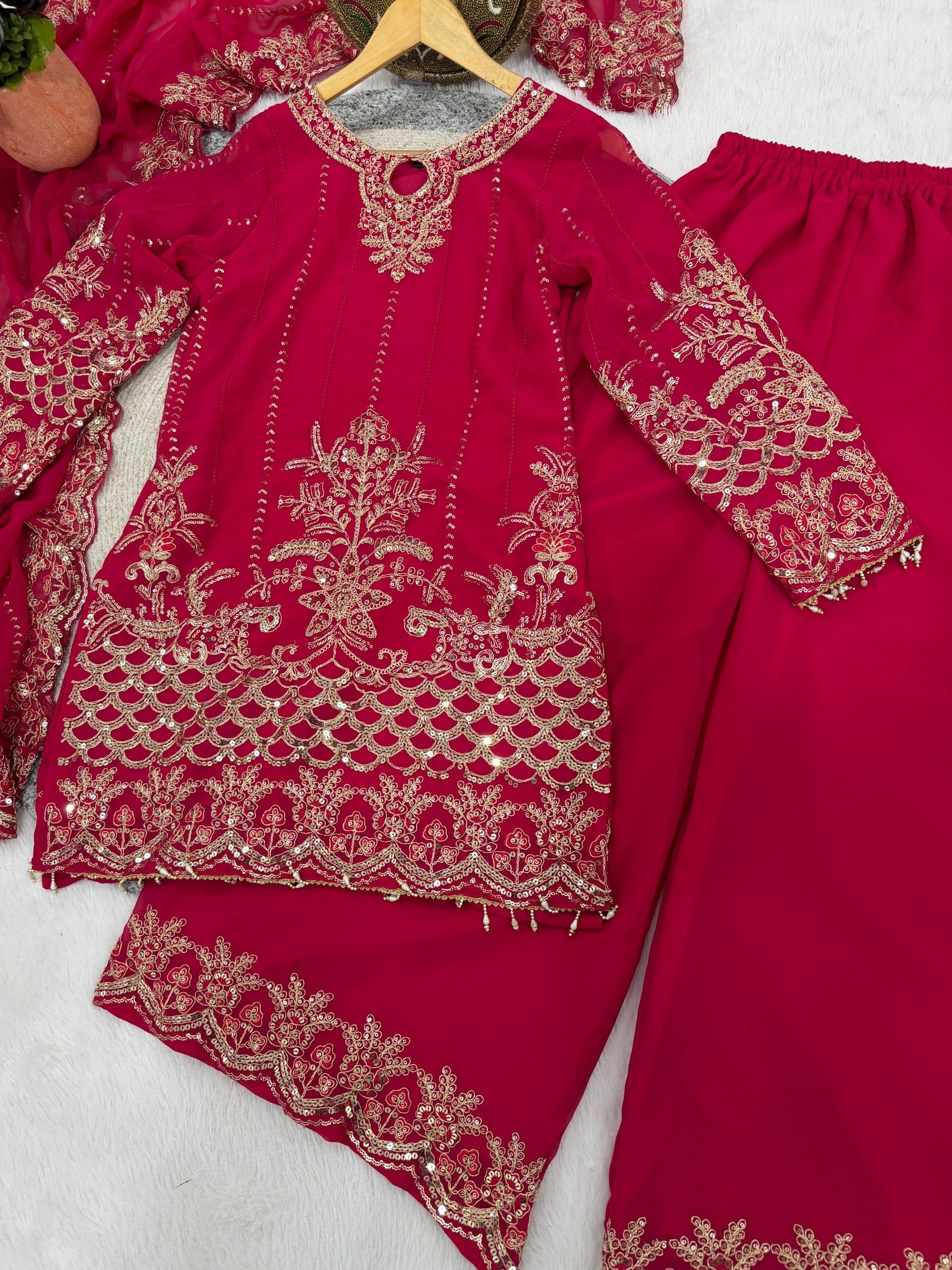 Red Faux Georgette Embroidery Sequins Work With Fancy Latkan Suit Set 