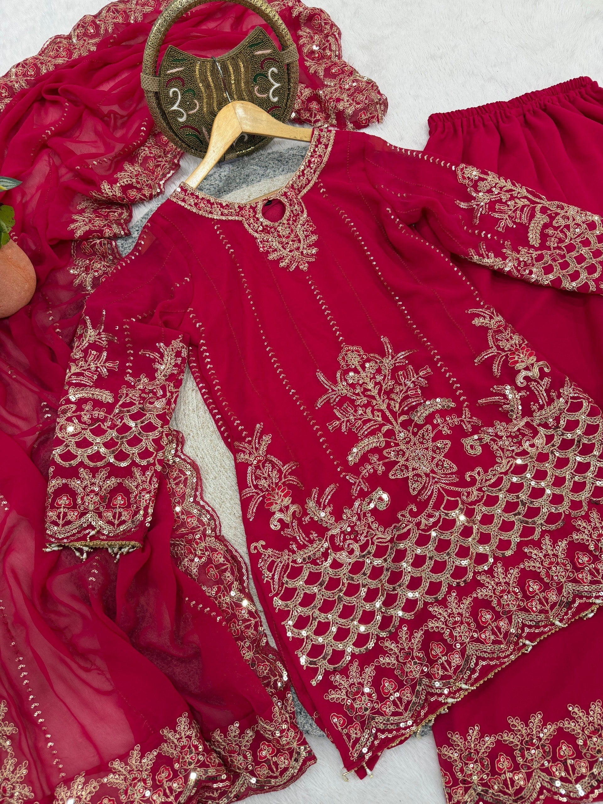Red Faux Georgette Embroidery Sequins Work With Fancy Latkan Suit Set 