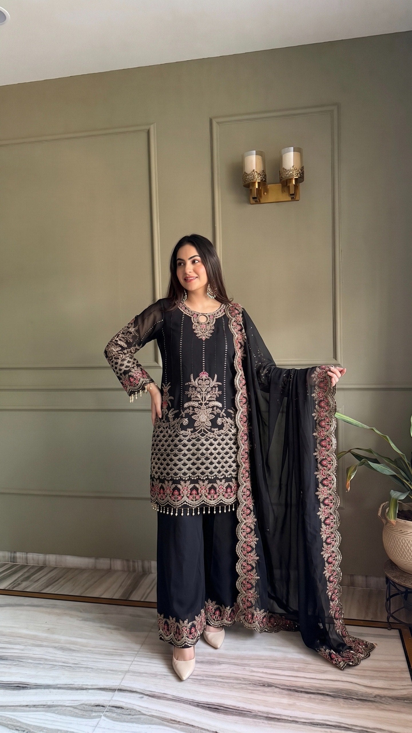 Black Faux Georgette Embroidery Sequins Work With Fancy Latkan Suit Set