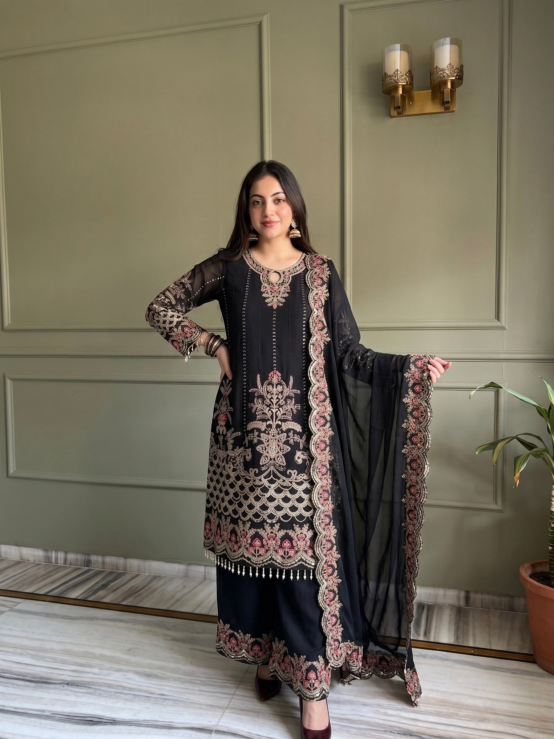 Black Faux Georgette Embroidery Sequins Work With Fancy Latkan Suit Set