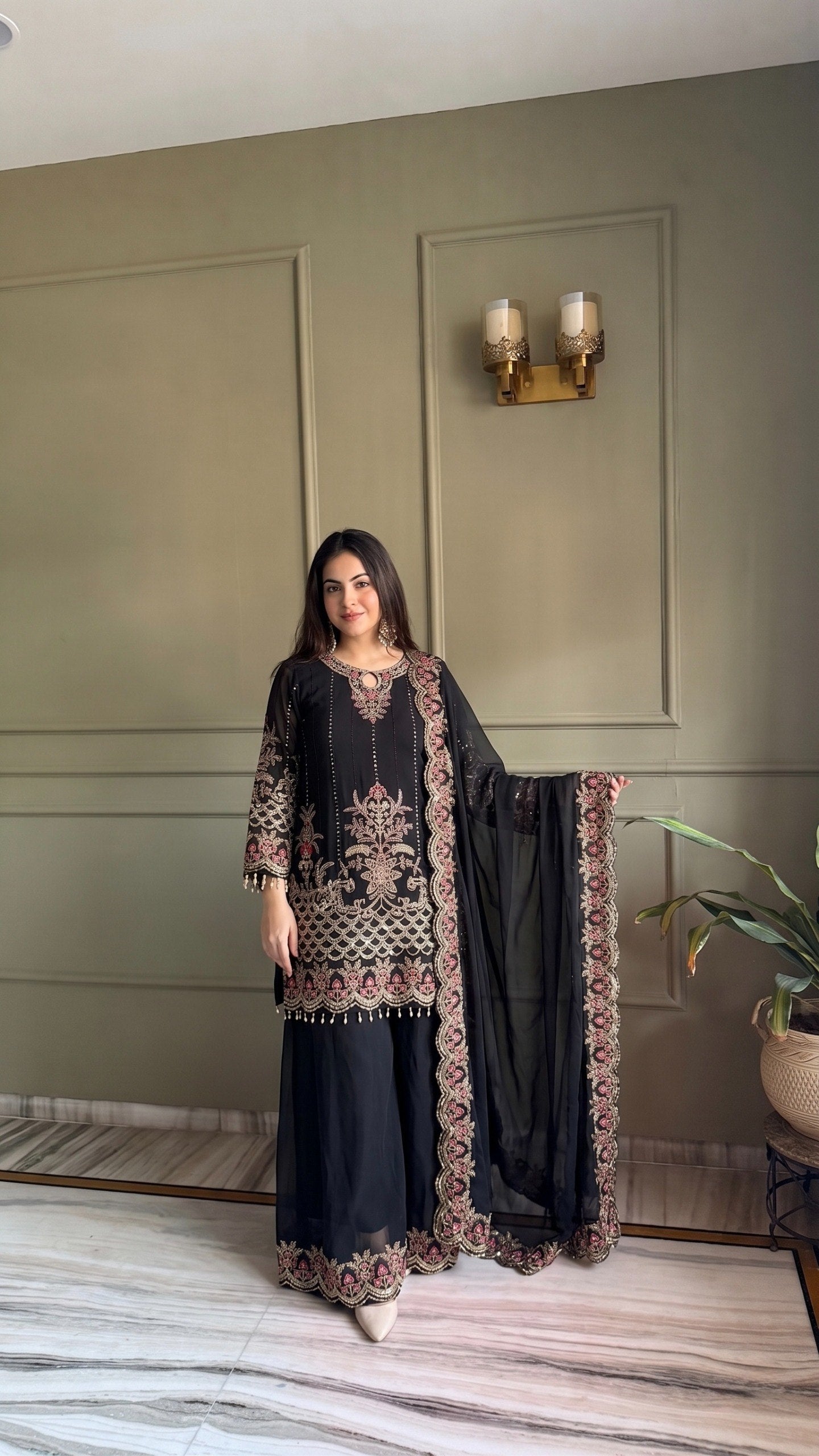 Black Faux Georgette Embroidery Sequins Work With Fancy Latkan Suit Set