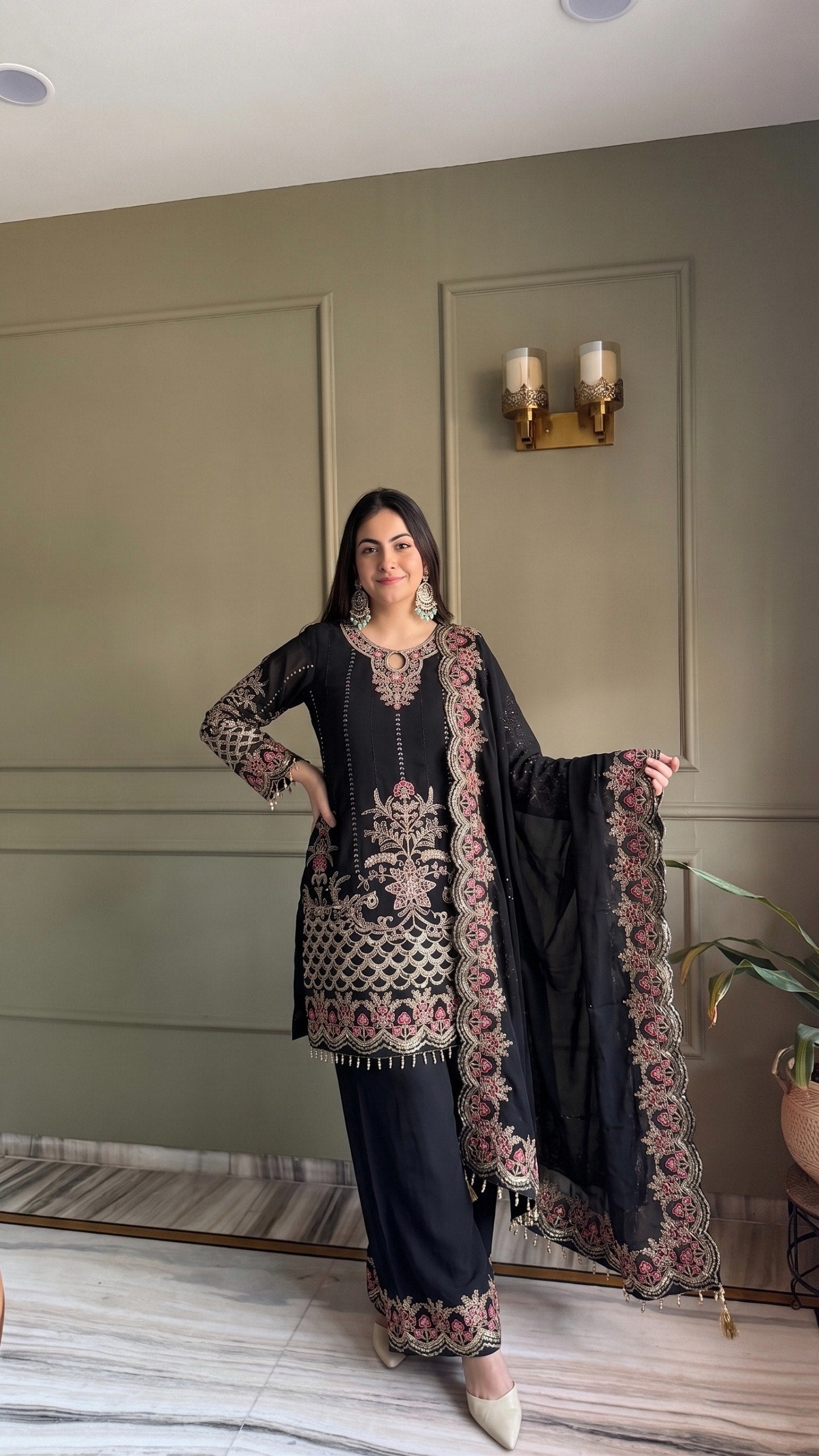 Black Faux Georgette Embroidery Sequins Work With Fancy Latkan Suit Set