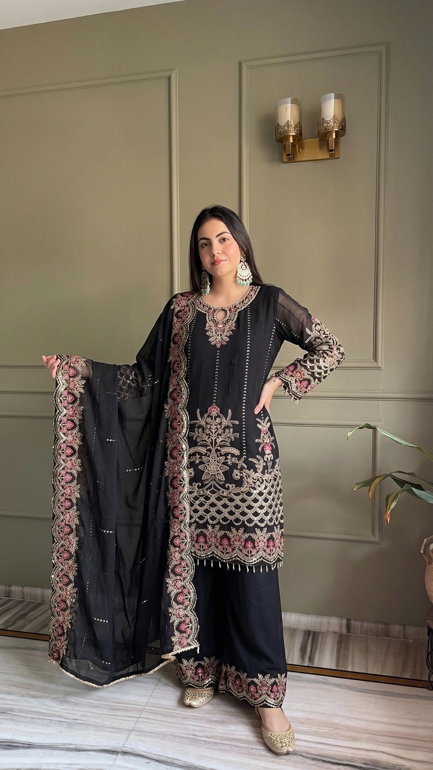 Black Faux Georgette Embroidery Sequins Work With Fancy Latkan Suit Set