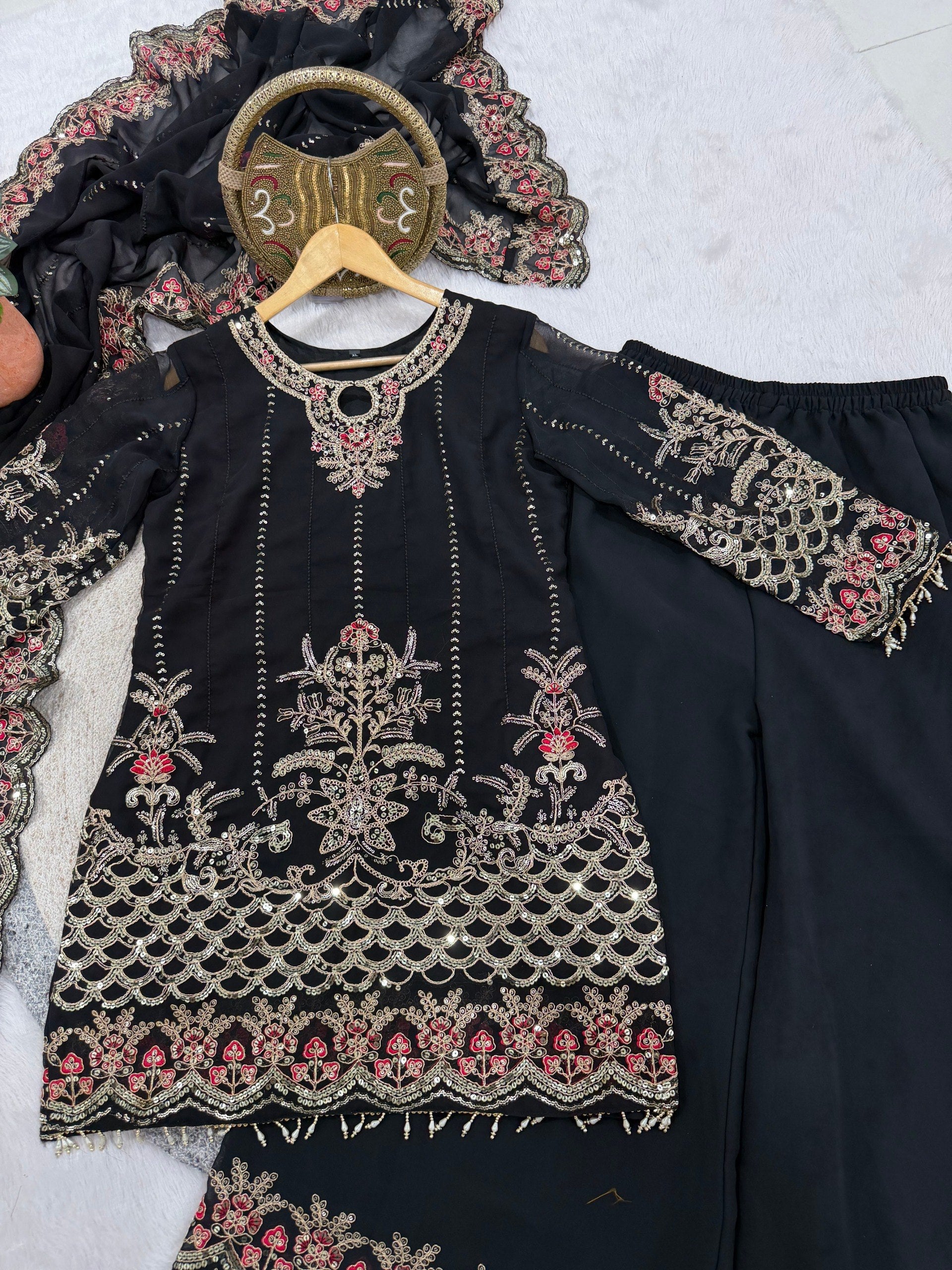 Black Faux Georgette Embroidery Sequins Work With Fancy Latkan Suit Set