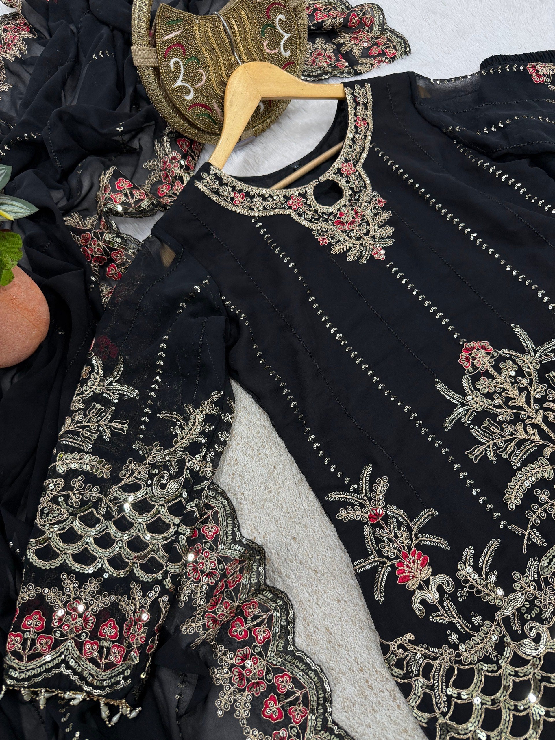 Black Faux Georgette Embroidery Sequins Work With Fancy Latkan Suit Set